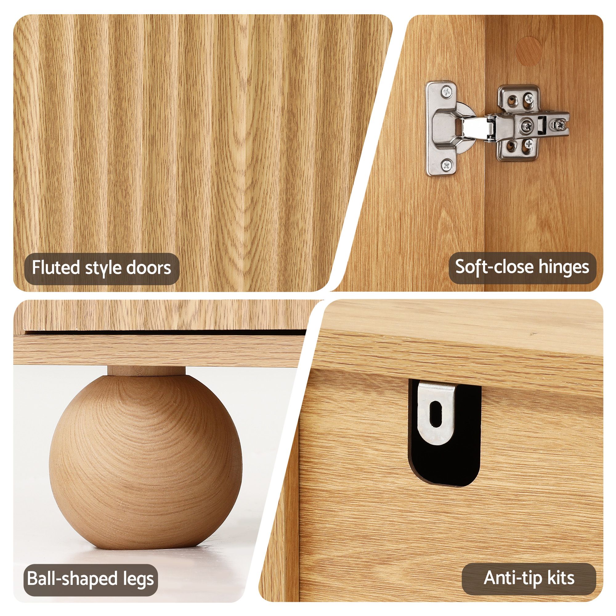 Buffet Sideboard Cabinet 2-Tier Fluted Kitchen Storage Ball Legs Pine