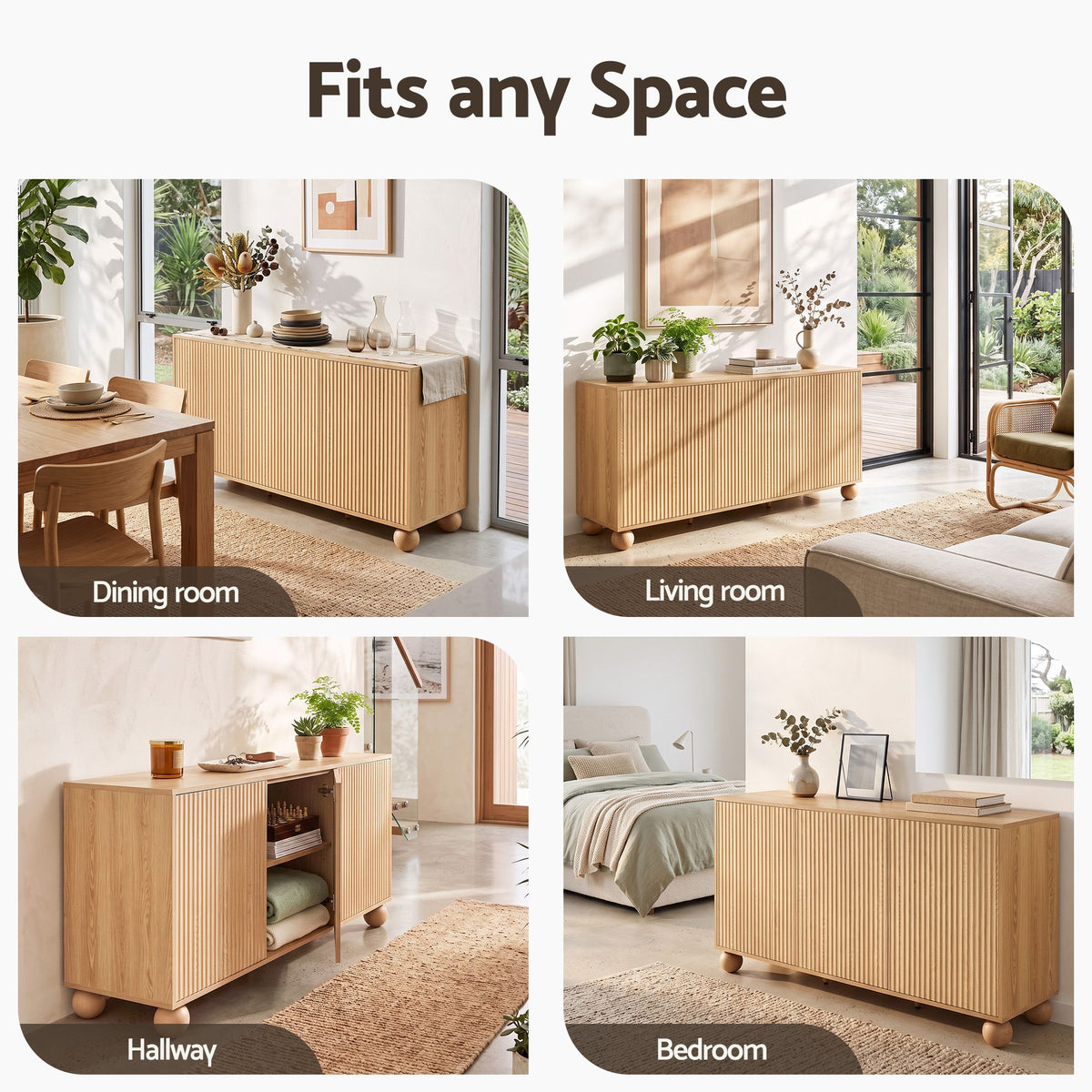 Buffet Sideboard Cabinet 2-Tier Fluted Kitchen Storage Ball Legs Pine