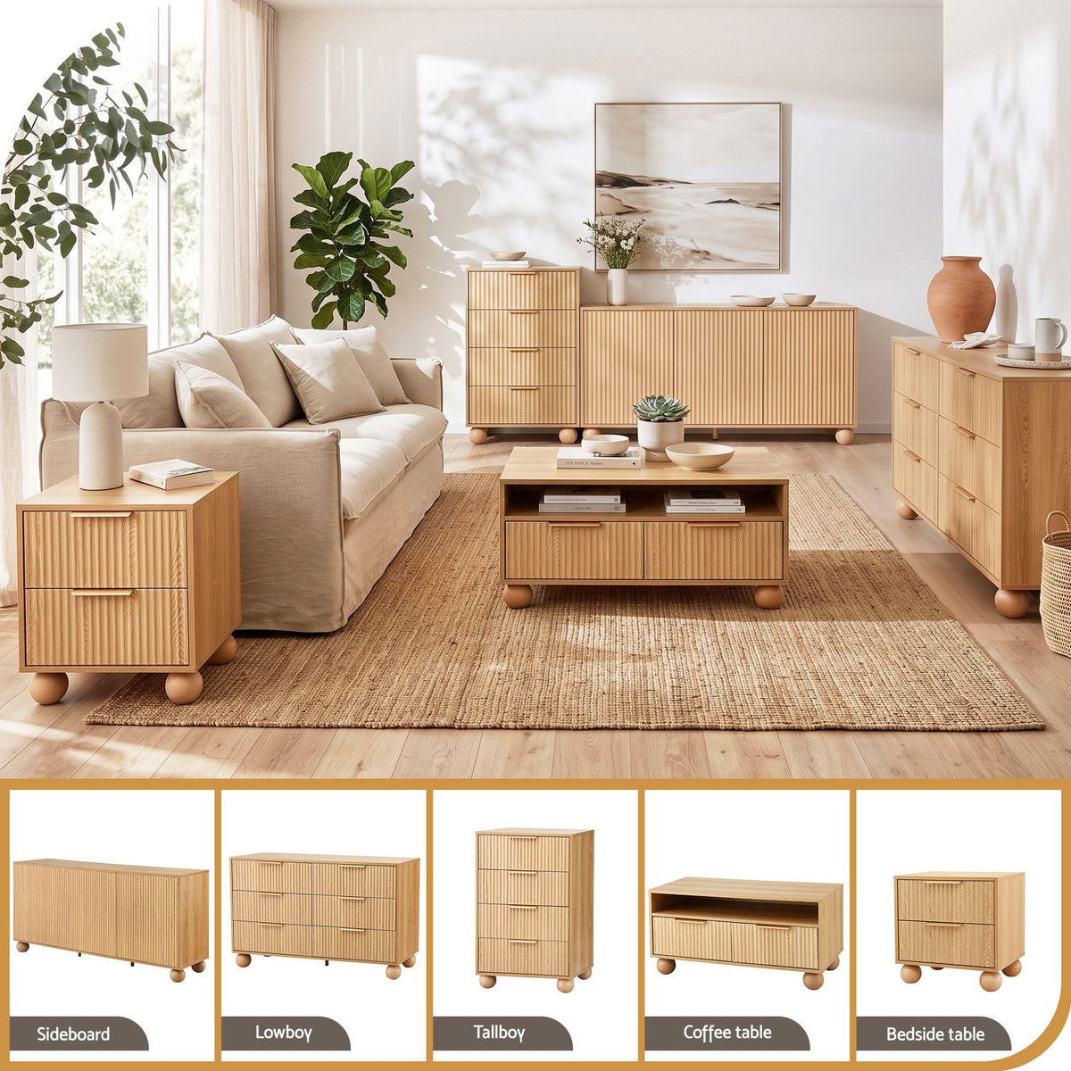 Buffet Sideboard Cabinet 2-Tier Fluted Kitchen Storage Ball Legs Pine