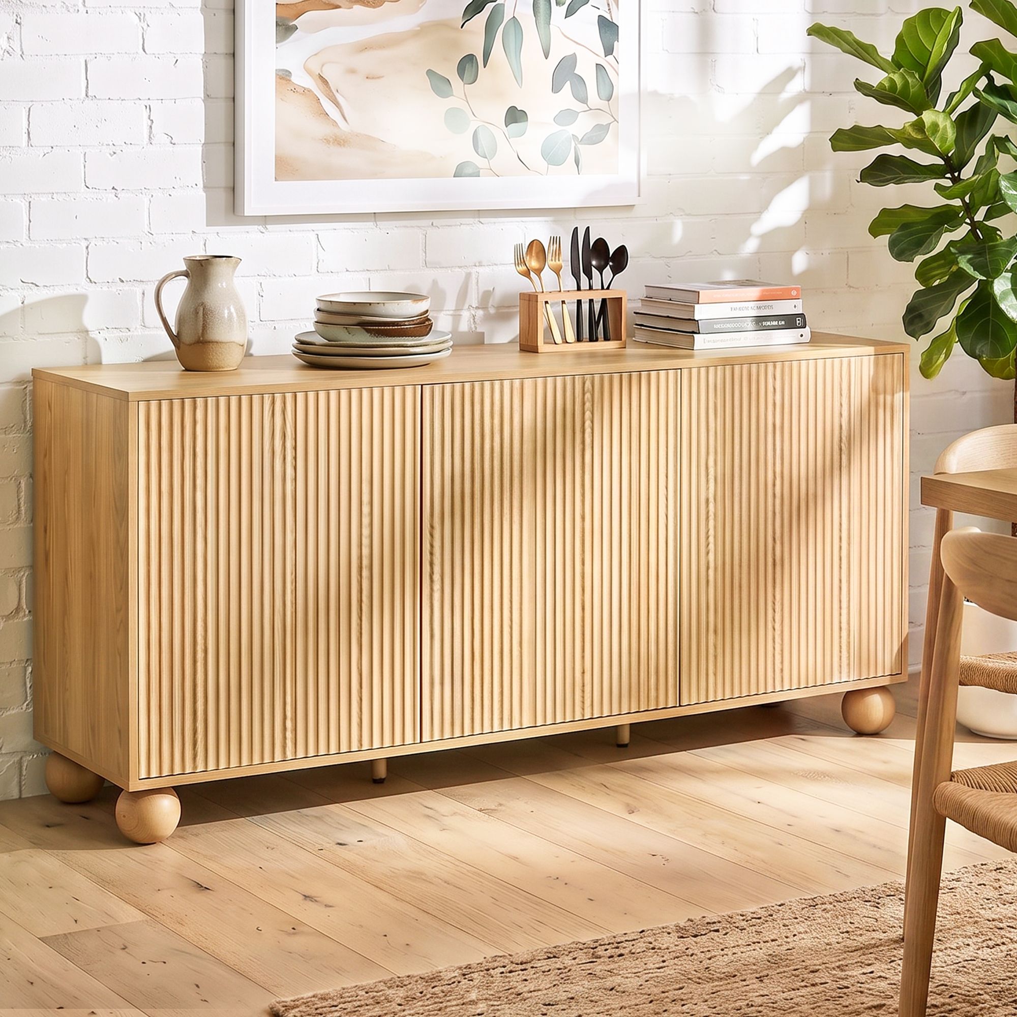 Buffet Sideboard Cabinet 2-Tier Fluted Kitchen Storage Ball Legs Pine