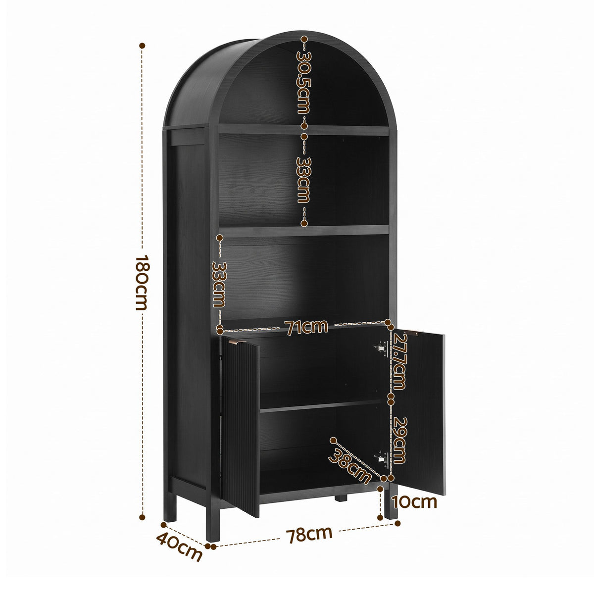 Buffet Sideboard Cabinet Pantry 180cm with Arched Storage and Bookshelf - Black (Set of 2)