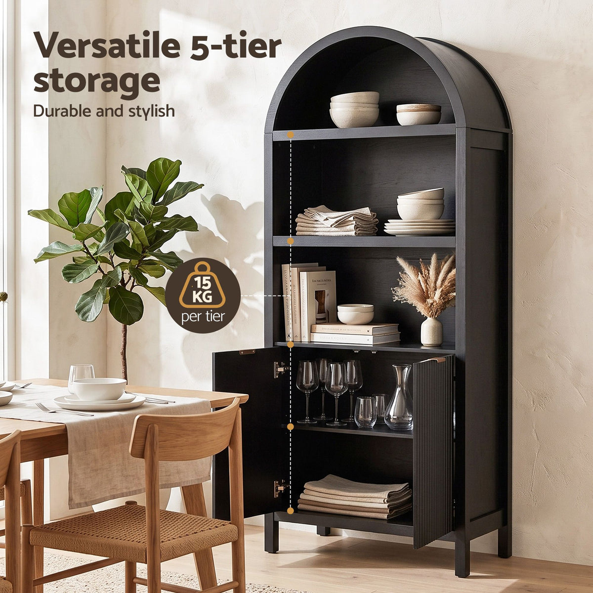 Buffet Sideboard Cabinet Pantry 180cm with Arched Storage and Bookshelf - Black (Set of 2)