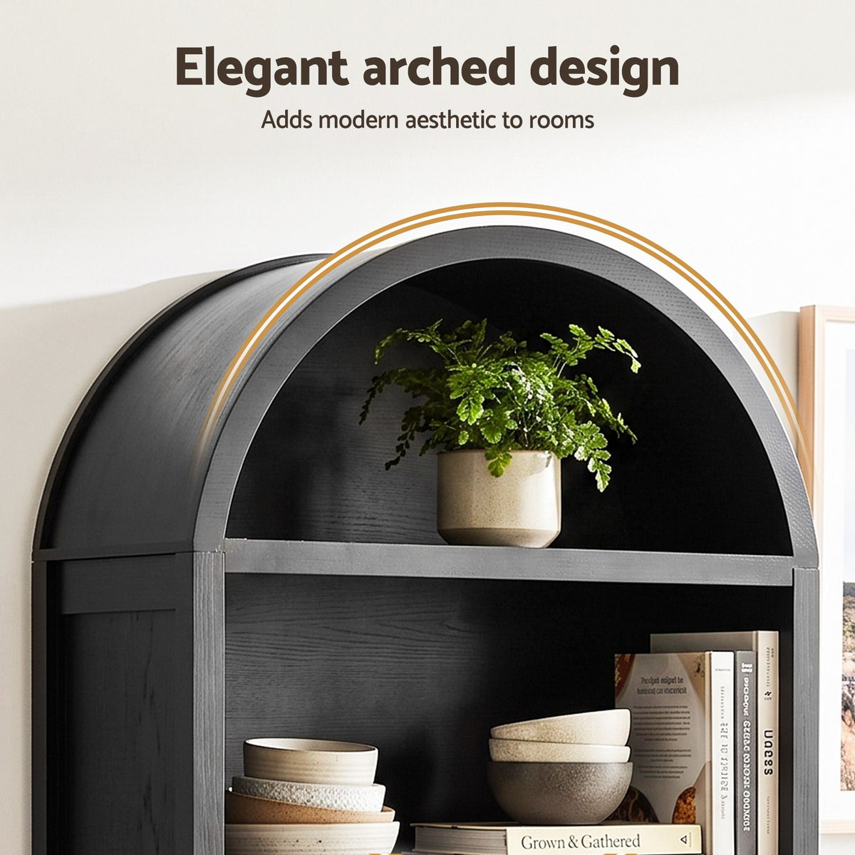 Buffet Sideboard Cabinet Pantry 180cm with Arched Storage and Bookshelf - Black (Set of 2)