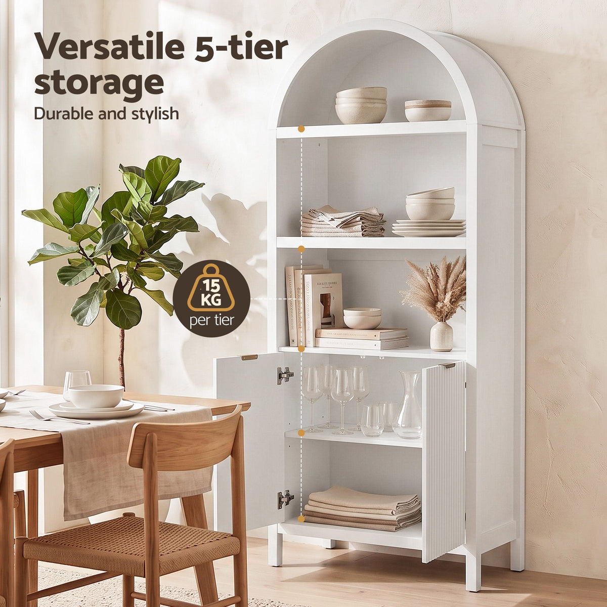 Buffet Sideboard Cabinet 180cm with Arched Storage and Bookshelf - White