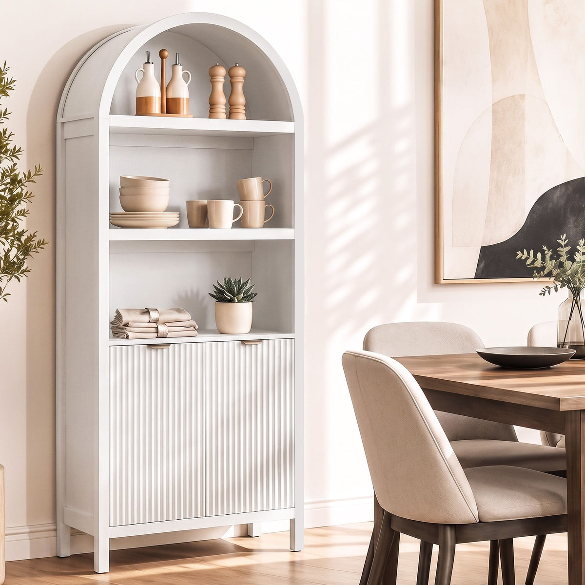 Buffet Sideboard Cabinet 180cm with Arched Storage and Bookshelf - White