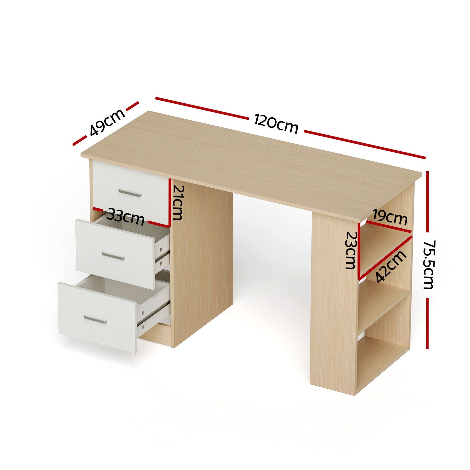 Computer Desk 120cm with Drawer and Shelf Storage - Oak White