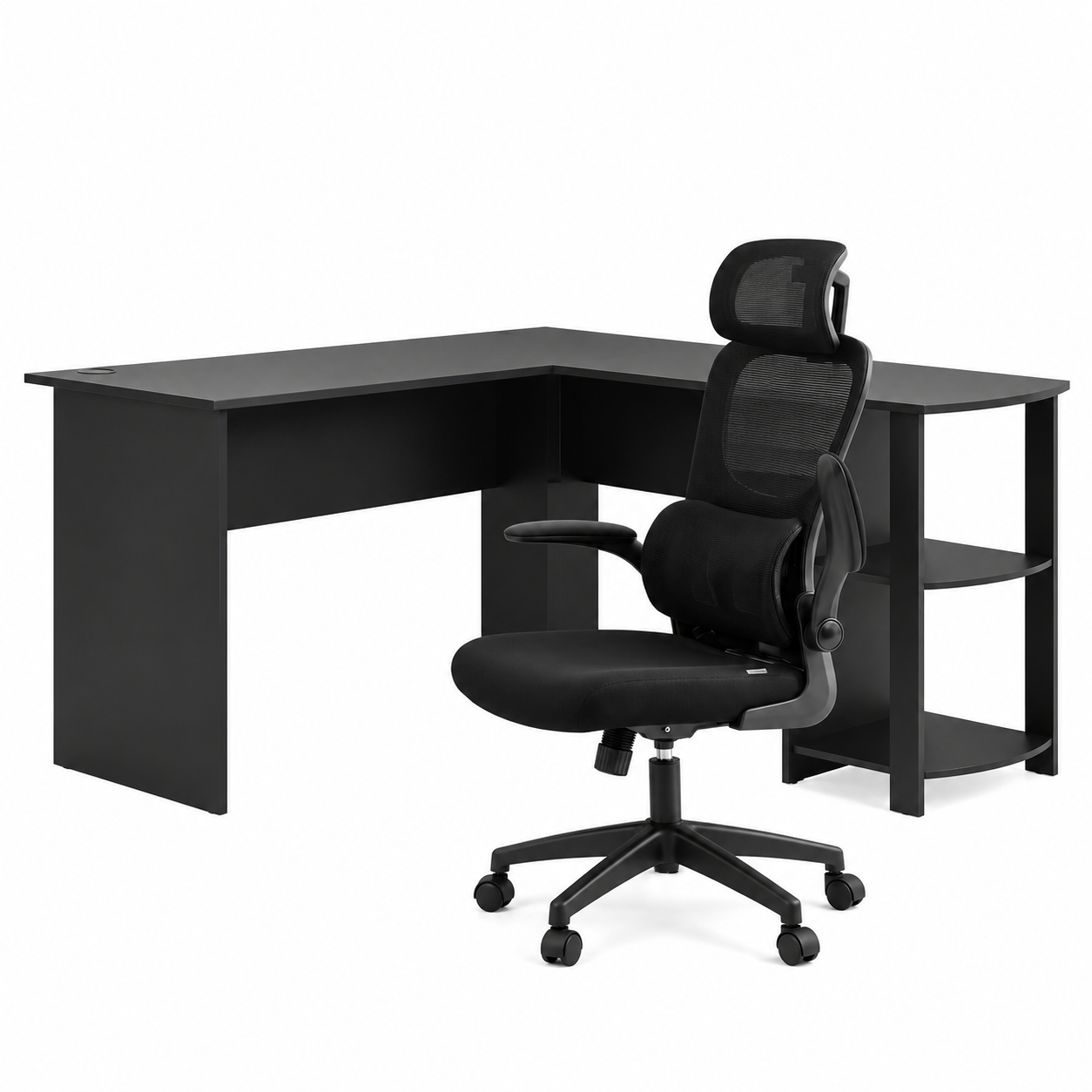 Office Desk and Chair Set L Shaped Computer Desk 136cm with 2 Tier Storage Shelves, Ergonomic Mesh Office Chair with Adjustable Headrest, Flip-Up Armrests & Lumbar Support