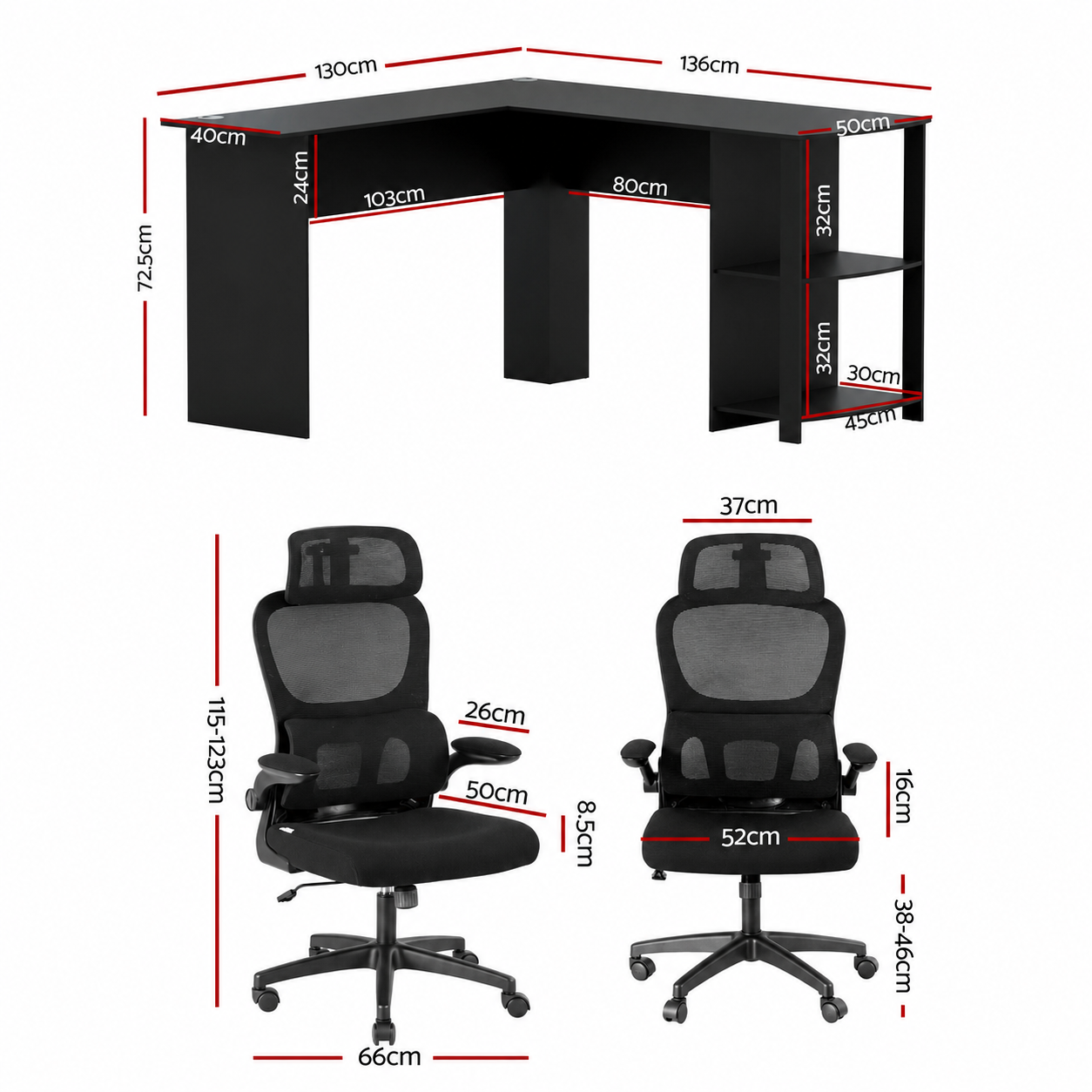 Office Desk and Chair Set L Shaped Computer Desk 136cm with 2 Tier Storage Shelves, Ergonomic Mesh Office Chair with Adjustable Headrest, Flip-Up Armrests & Lumbar Support