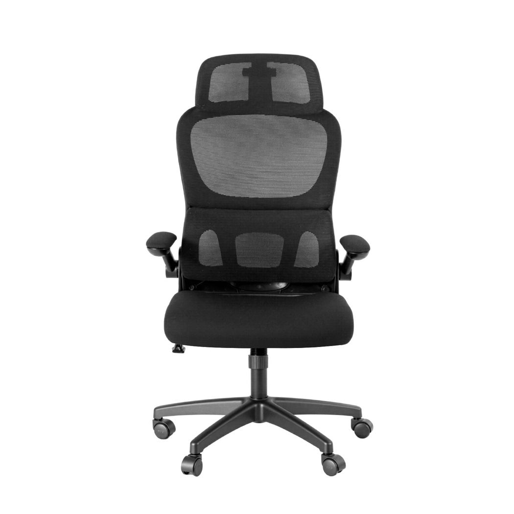 Office Desk and Chair Set L Shaped Computer Desk 136cm with 2 Tier Storage Shelves, Ergonomic Mesh Office Chair with Adjustable Headrest, Flip-Up Armrests & Lumbar Support