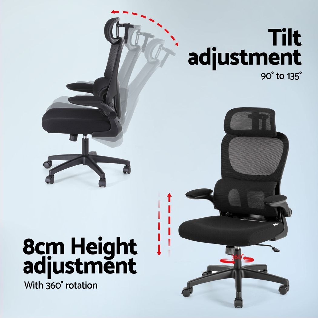 Office Desk and Chair Set L Shaped Computer Desk 136cm with 2 Tier Storage Shelves, Ergonomic Mesh Office Chair with Adjustable Headrest, Flip-Up Armrests & Lumbar Support