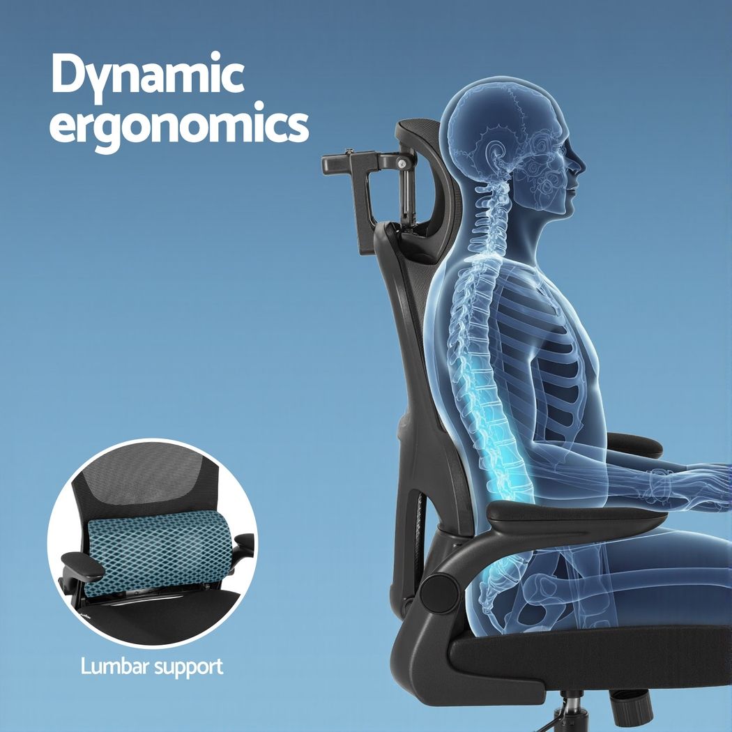 Office Desk and Chair Set L Shaped Computer Desk 136cm with 2 Tier Storage Shelves, Ergonomic Mesh Office Chair with Adjustable Headrest, Flip-Up Armrests & Lumbar Support