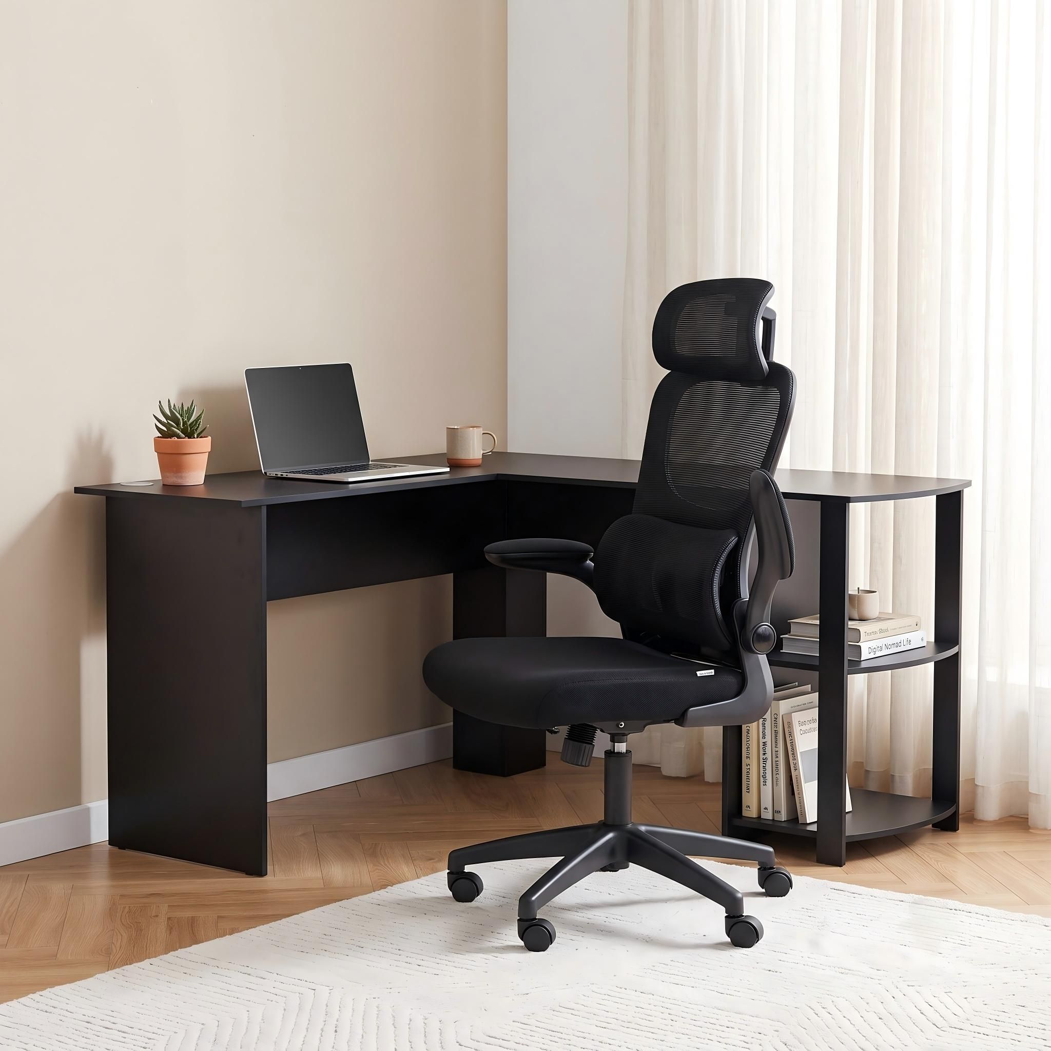 Office Desk and Chair Set L Shaped Computer Desk 136cm with 2 Tier Storage Shelves, Ergonomic Mesh Office Chair with Adjustable Headrest, Flip-Up Armrests & Lumbar Support