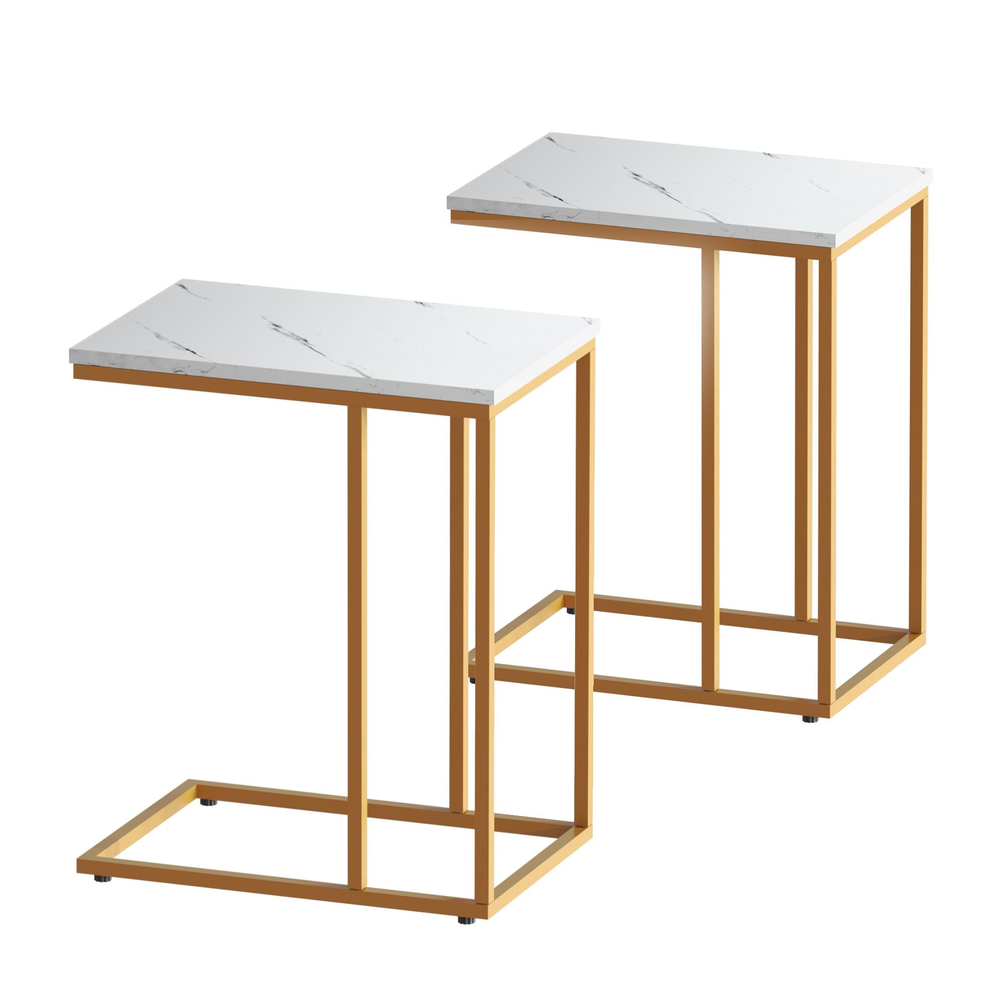 Set of 2 C-Shaped End Tables 45x30x54cm with Faux Marble Top and Gold Metal Frame - White & Gold