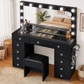 Dressing Table Charging Station LED Vanity Desk Set Stool Glass Top Make up Mirror Storage Drawer Black
