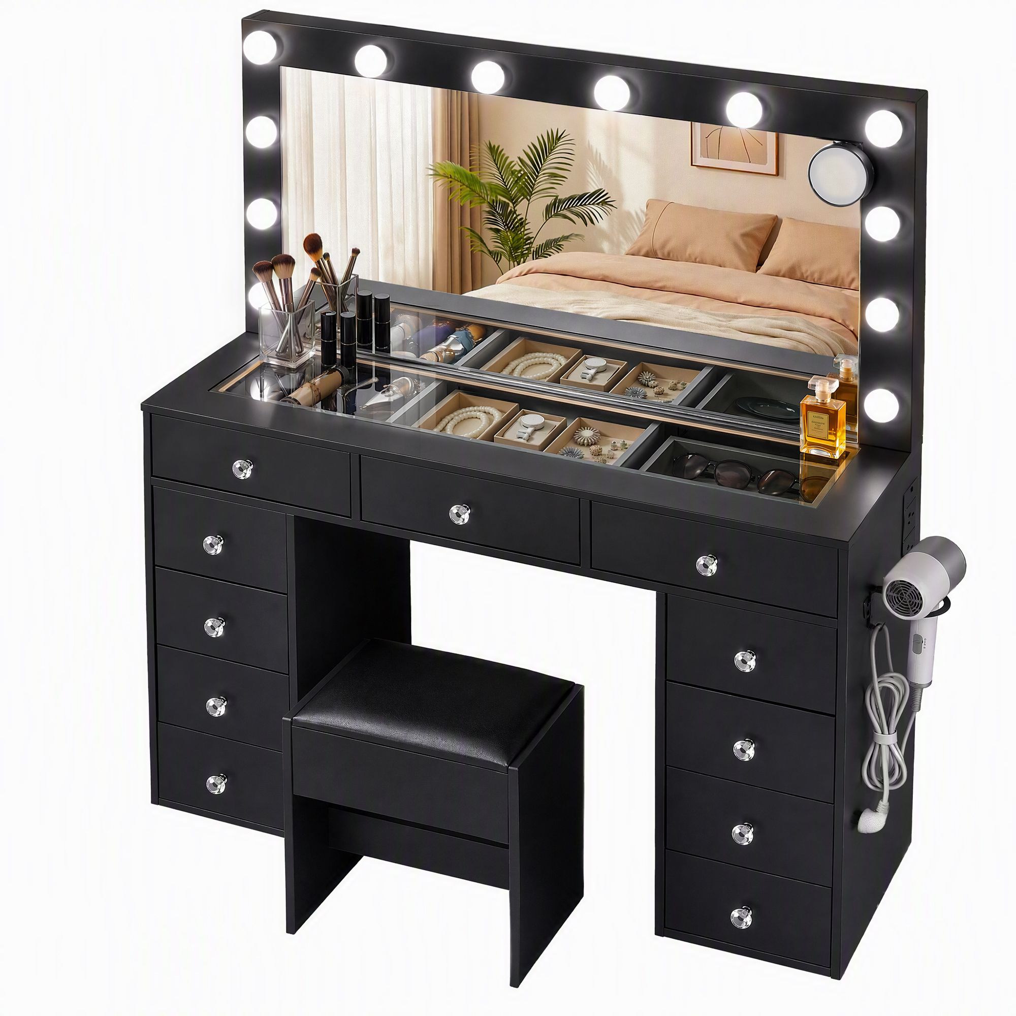 Dressing Table Charging Station LED Vanity Desk Set Stool Glass Top Make up Mirror Storage Drawer Black