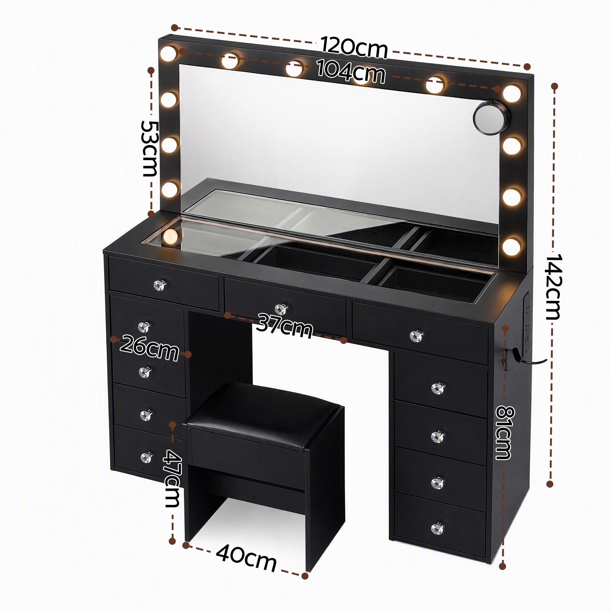 Dressing Table Charging Station LED Vanity Desk Set Stool Glass Top Make up Mirror Storage Drawer Black