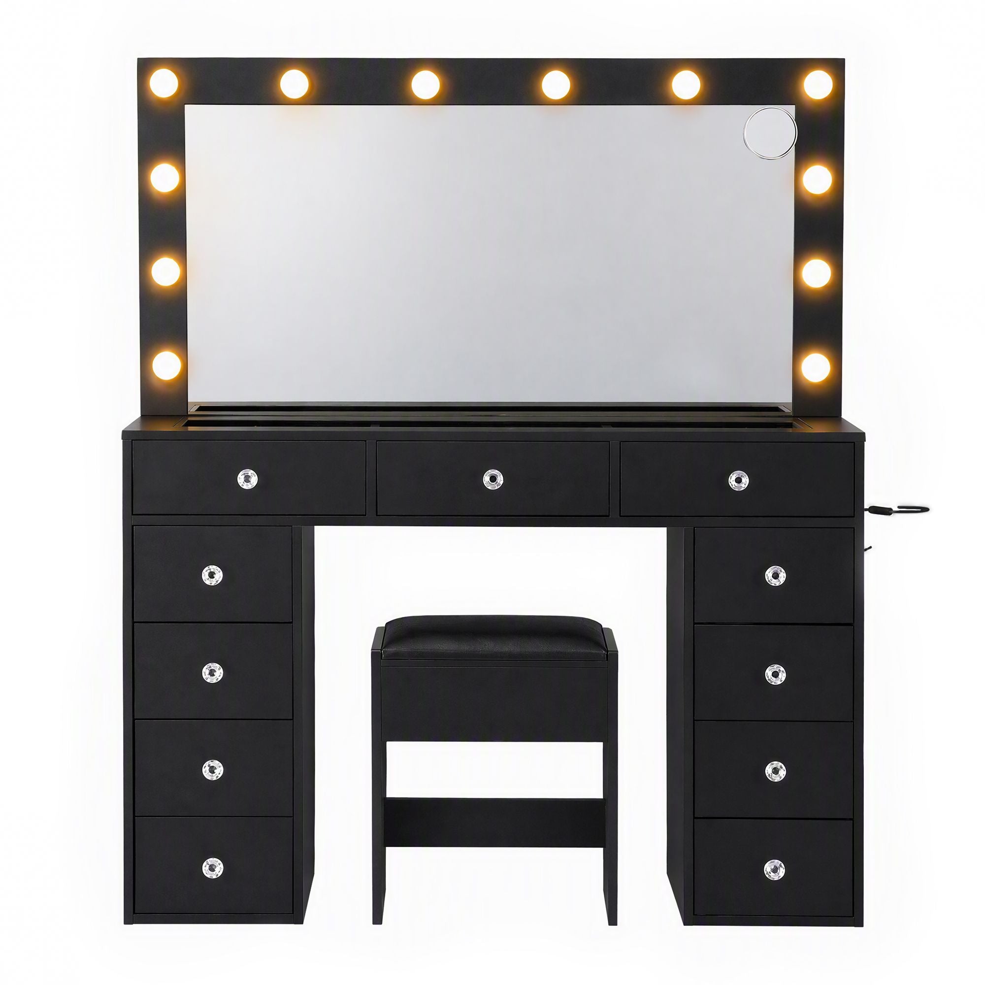 Dressing Table Charging Station LED Vanity Desk Set Stool Glass Top Make up Mirror Storage Drawer Black