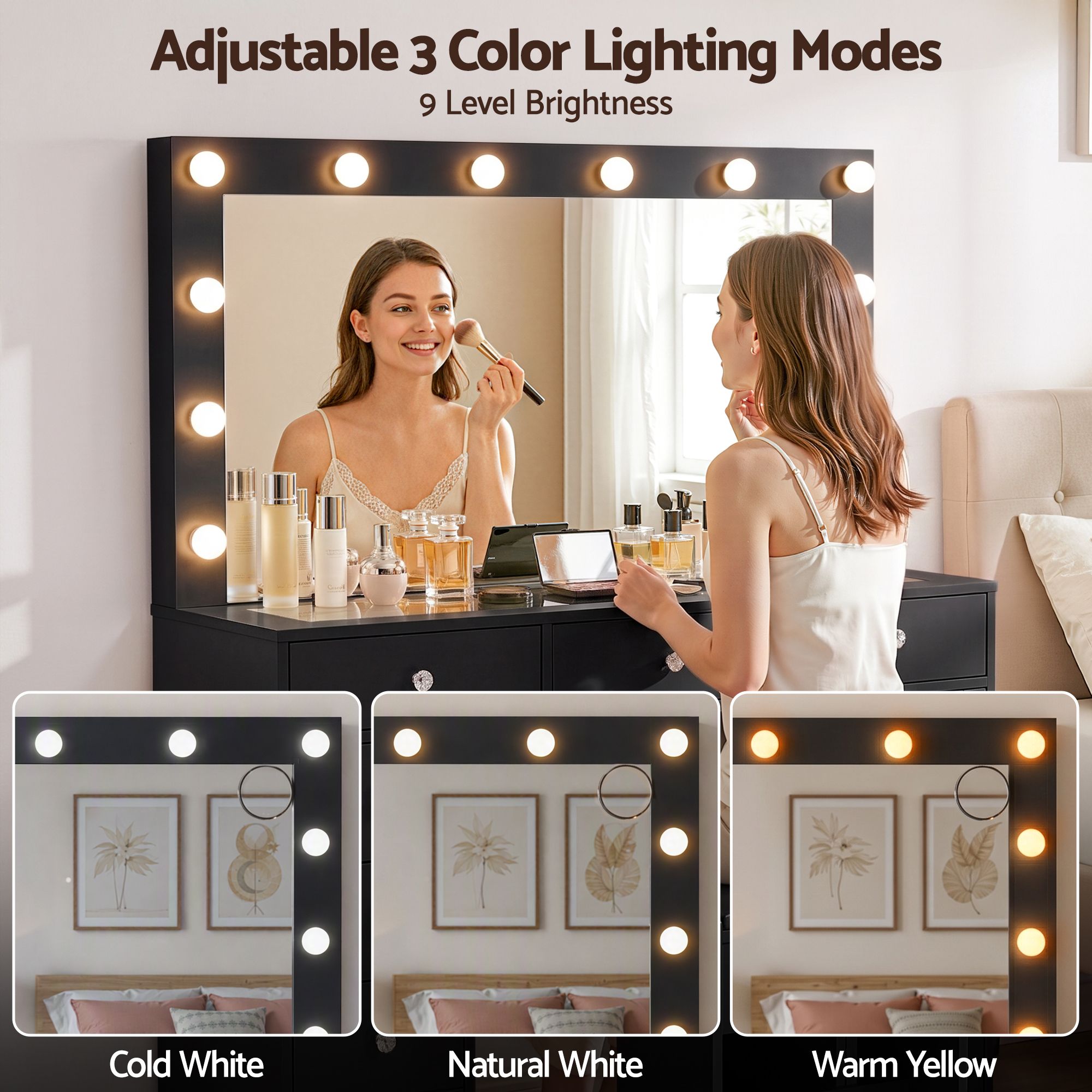 Dressing Table Charging Station LED Vanity Desk Set Stool Glass Top Make up Mirror Storage Drawer Black