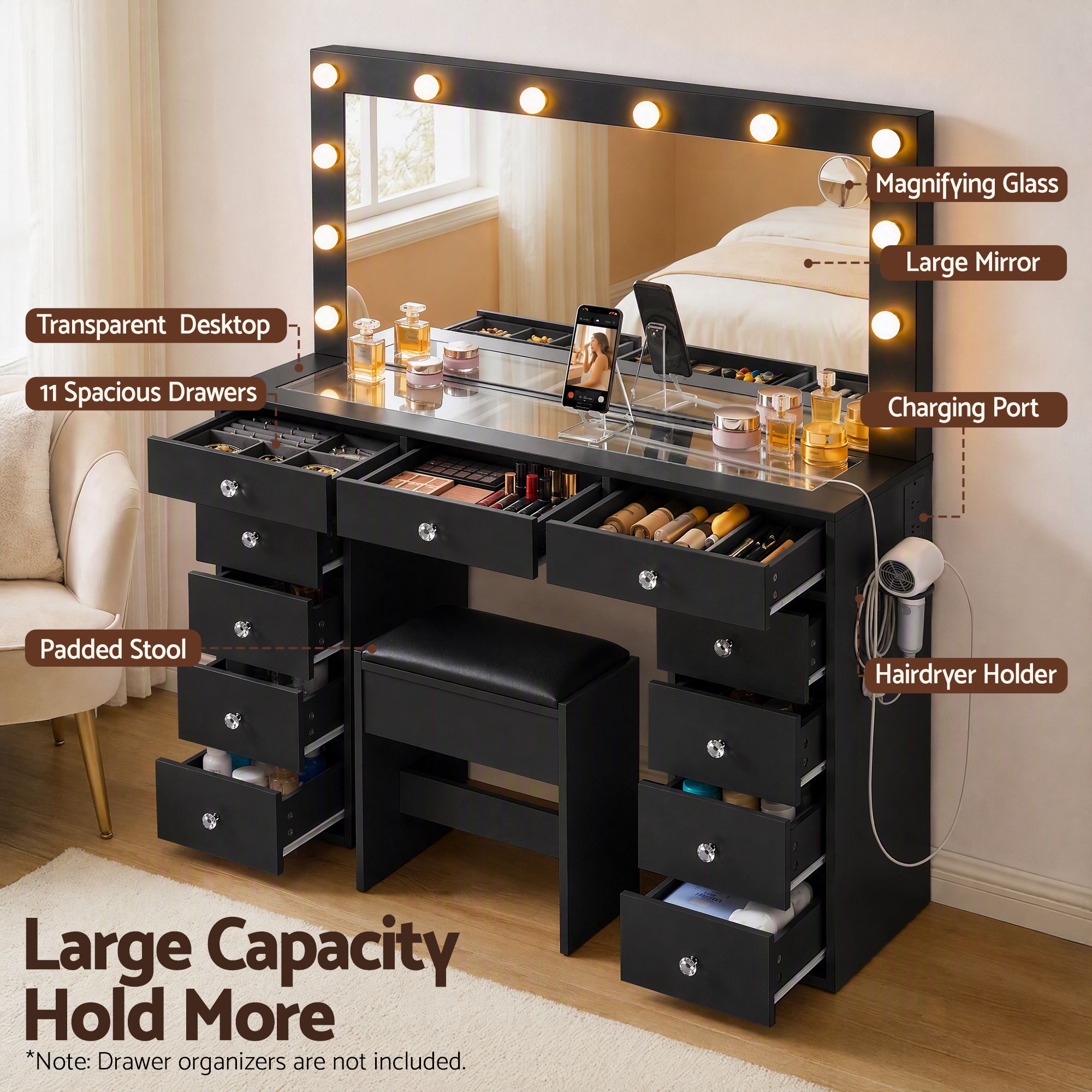 Dressing Table Charging Station LED Vanity Desk Set Stool Glass Top Make up Mirror Storage Drawer Black