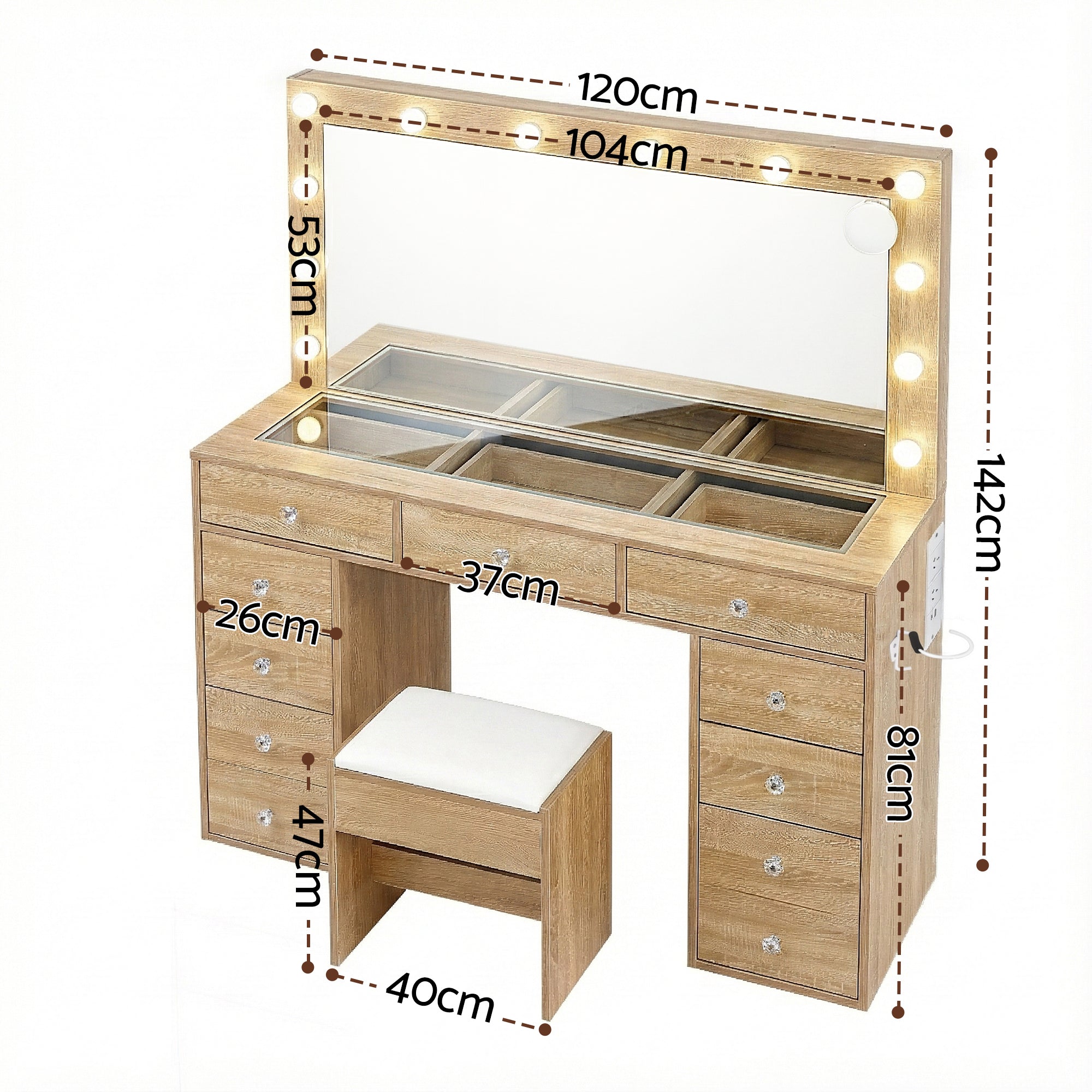 Dressing Table Vanity Desk Set Stool LED Bulbs Wood