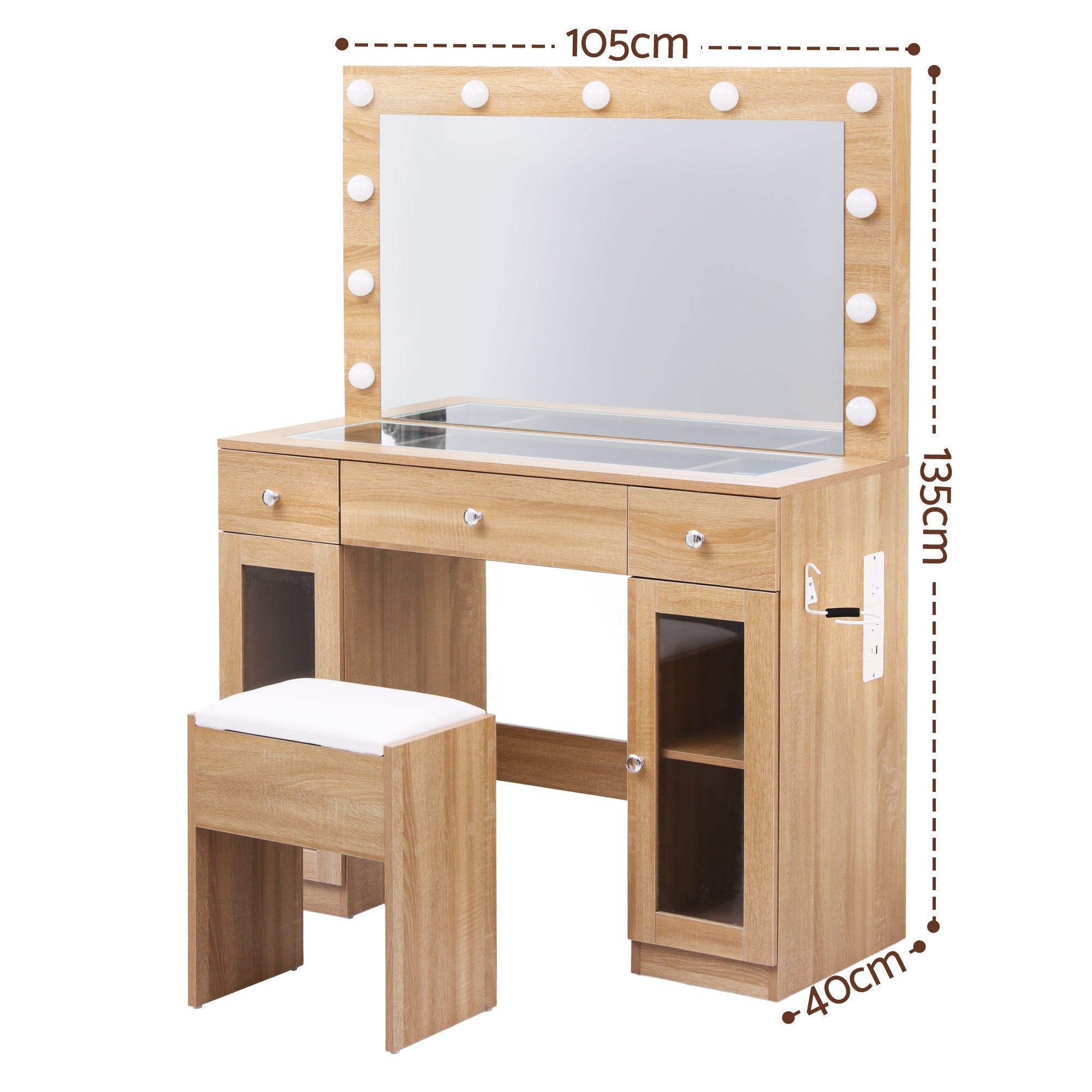 Dressing Table Vanity Desk Set with LED RGB Bulbs and Stool - Wood