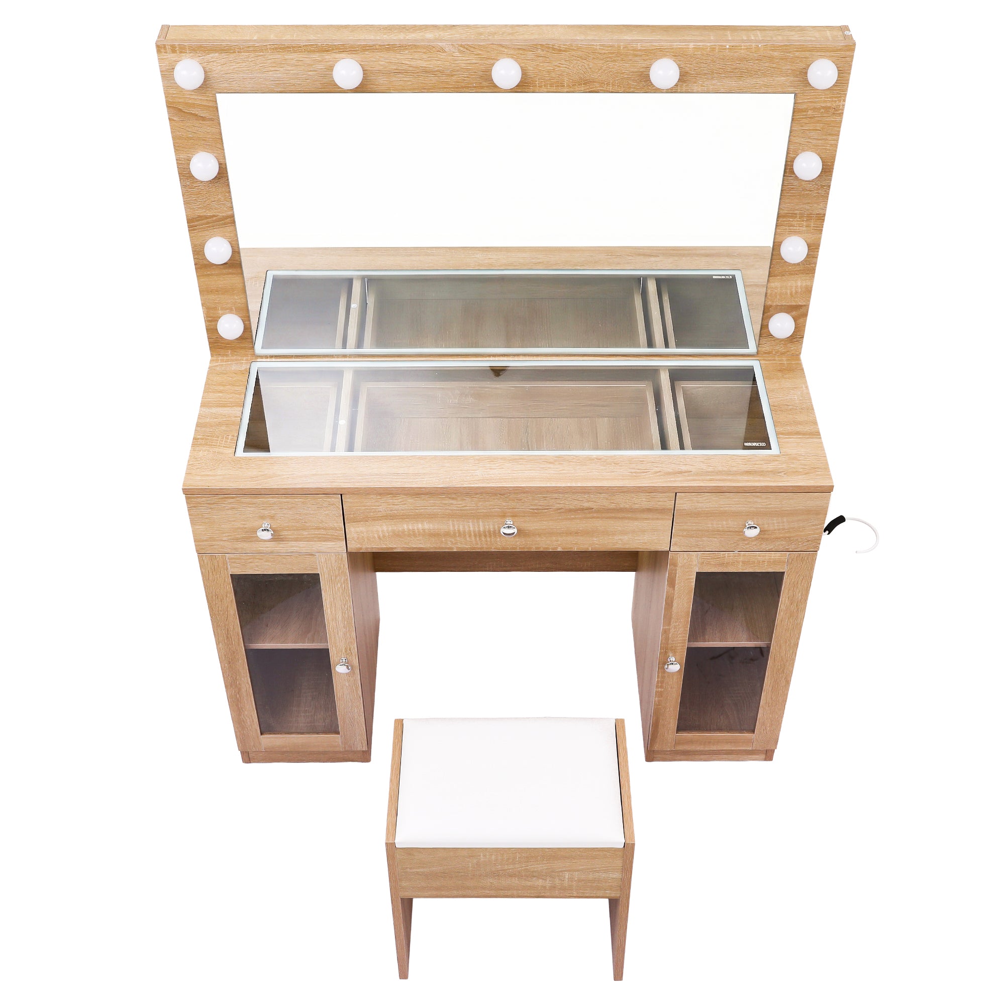 Dressing Table Vanity Desk Set with LED RGB Bulbs and Stool - Wood