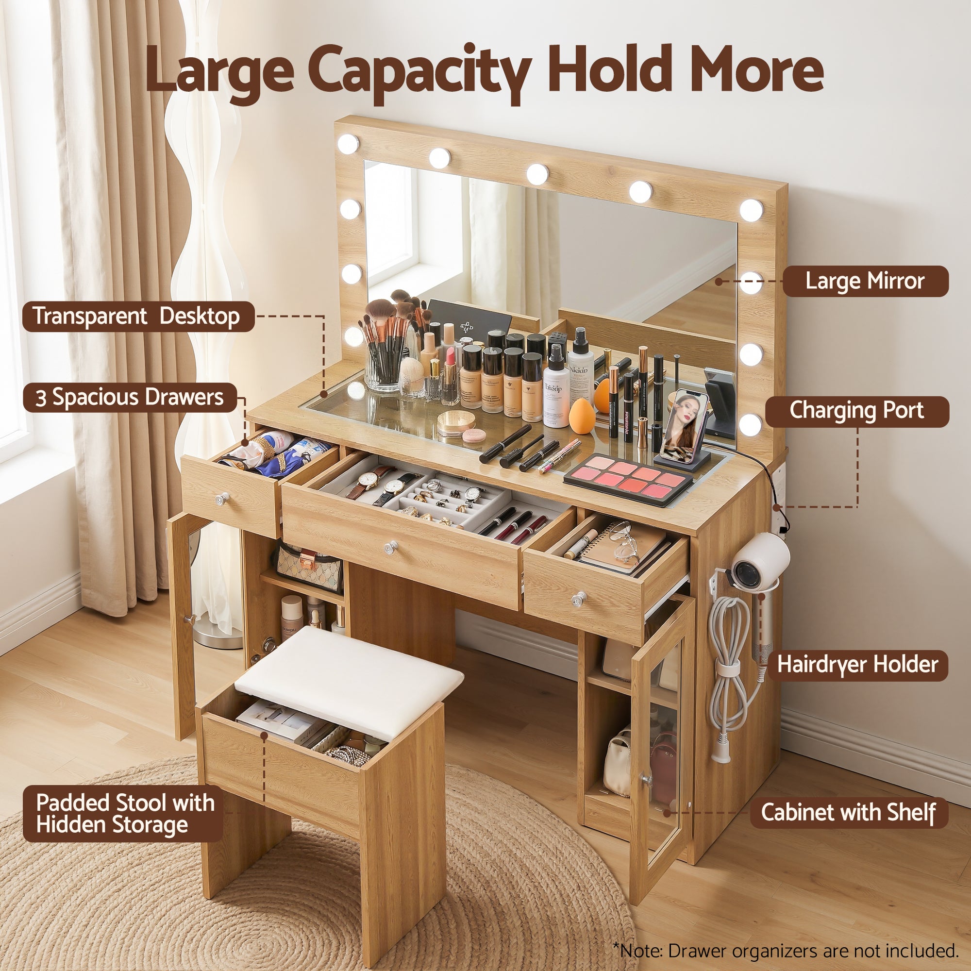 Dressing Table Vanity Desk Set with LED RGB Bulbs and Stool - Wood