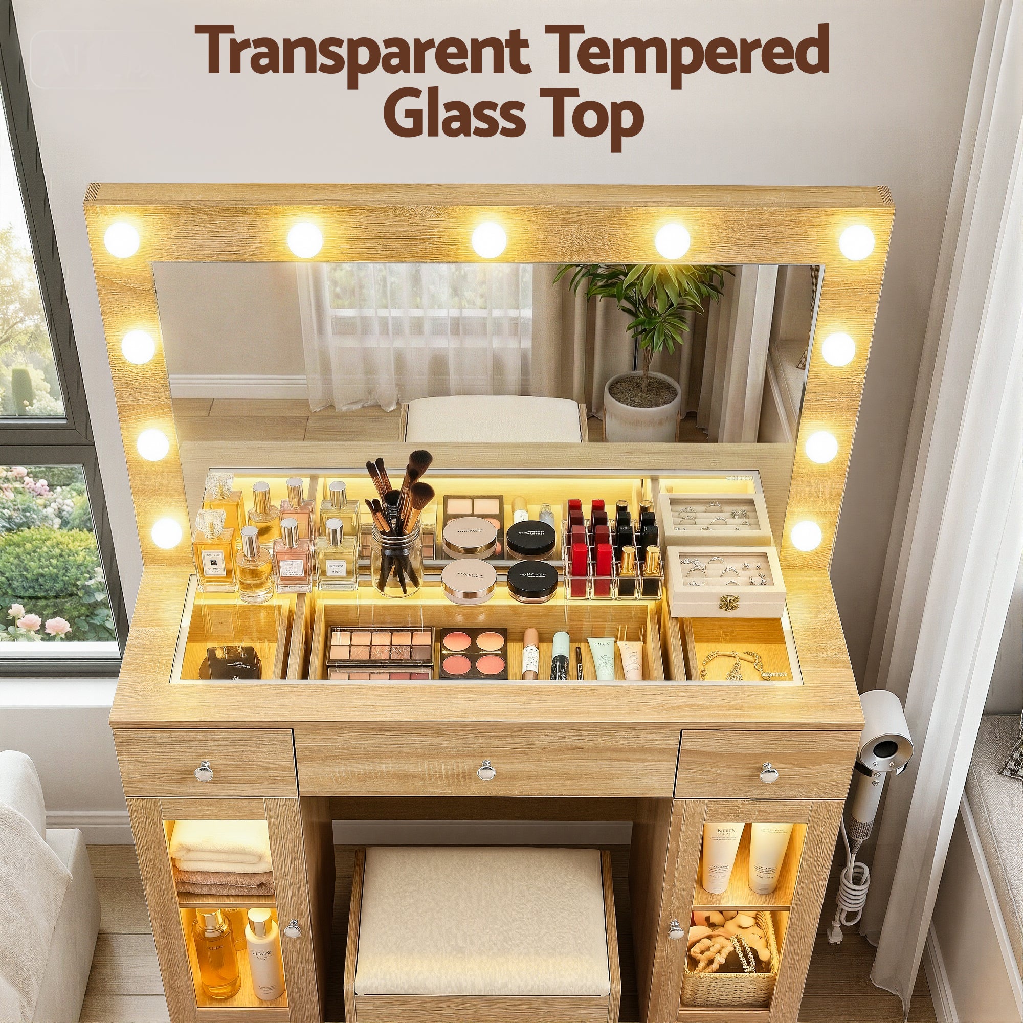 Dressing Table Vanity Desk Set with LED RGB Bulbs and Stool - Wood