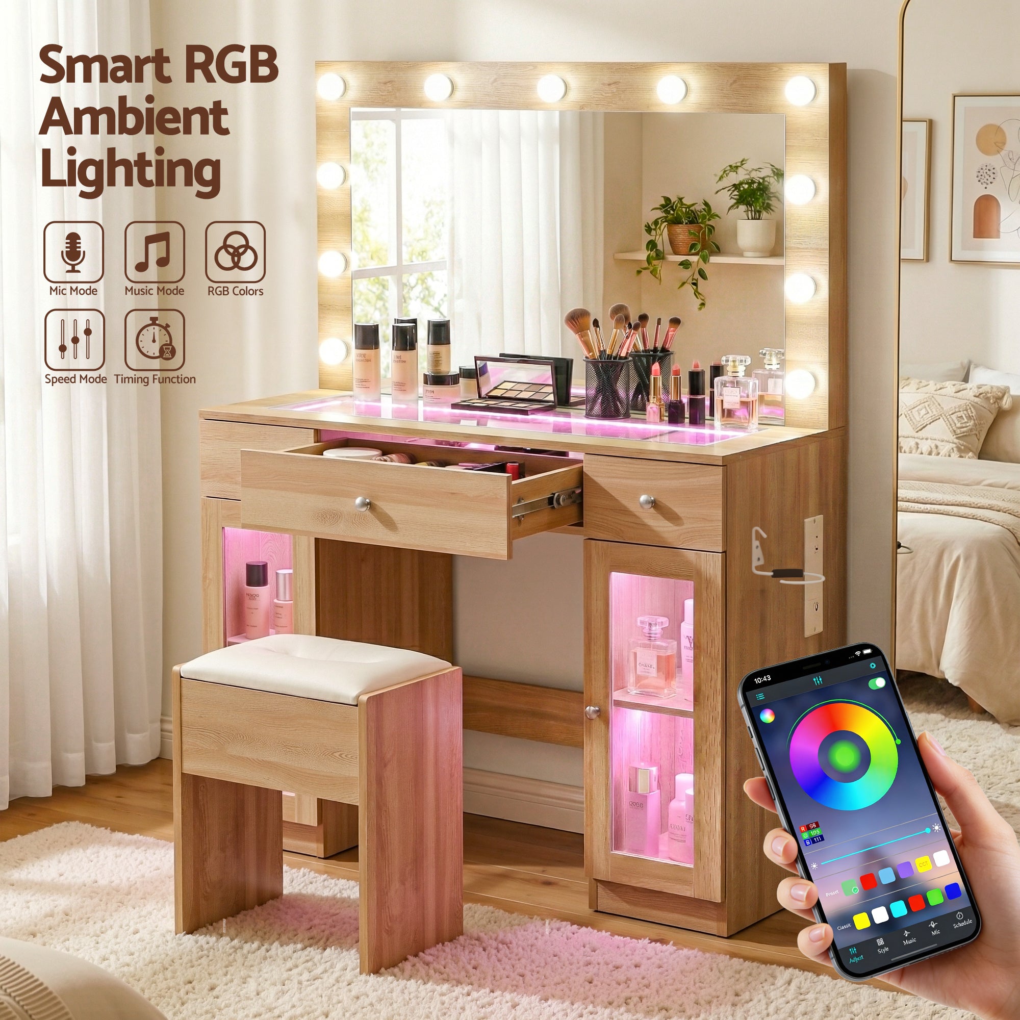 Dressing Table Vanity Desk Set with LED RGB Bulbs and Stool - Wood