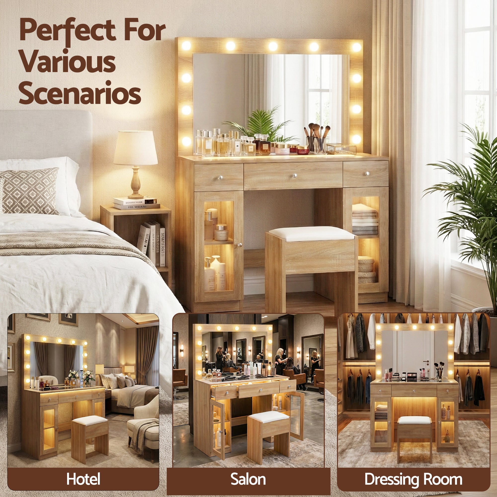 Dressing Table Vanity Desk Set with LED RGB Bulbs and Stool - Wood