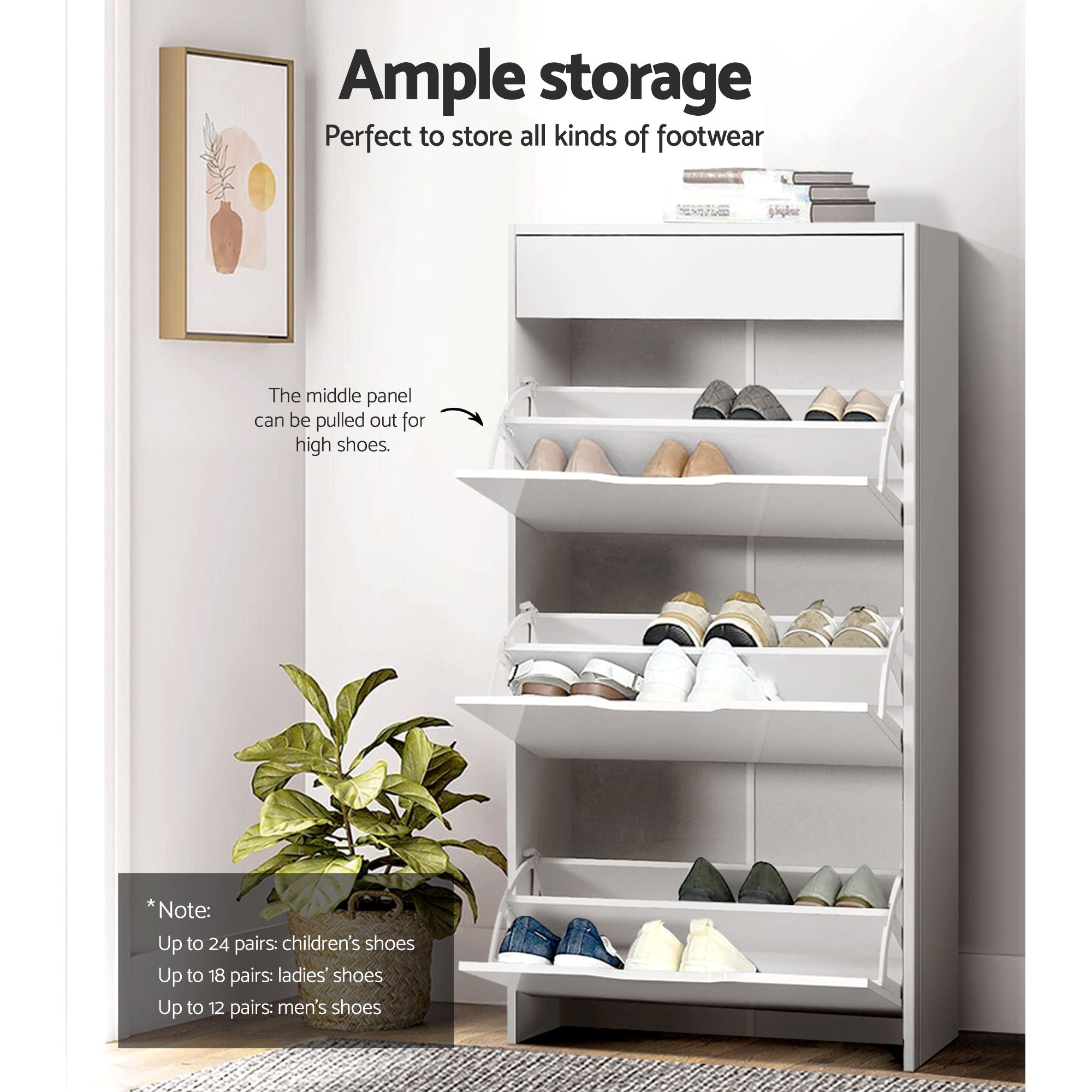 2x Shoe Cabinet Organiser 3 Flip Drawer High Gloss White