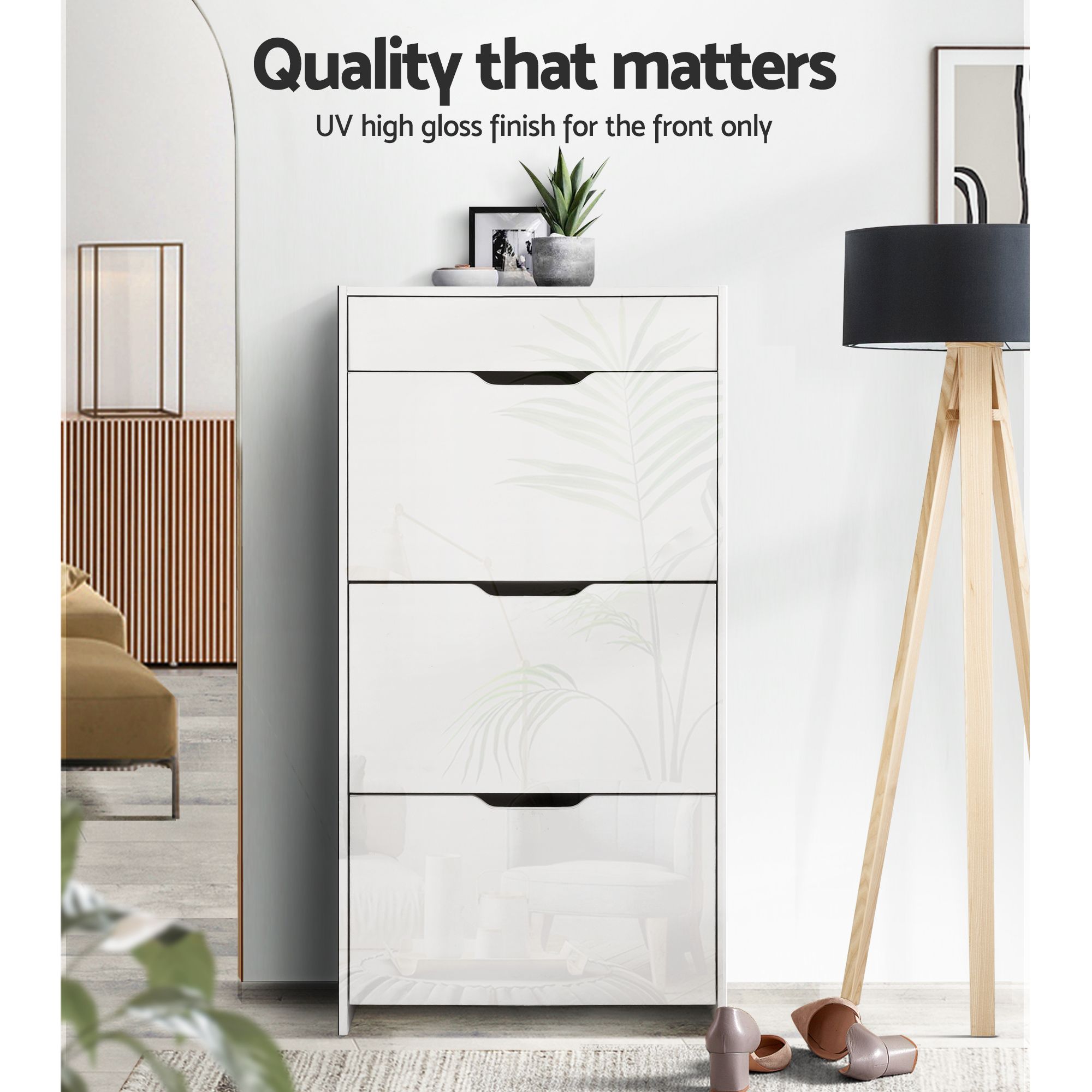 2x Shoe Cabinet Organiser 3 Flip Drawer High Gloss White
