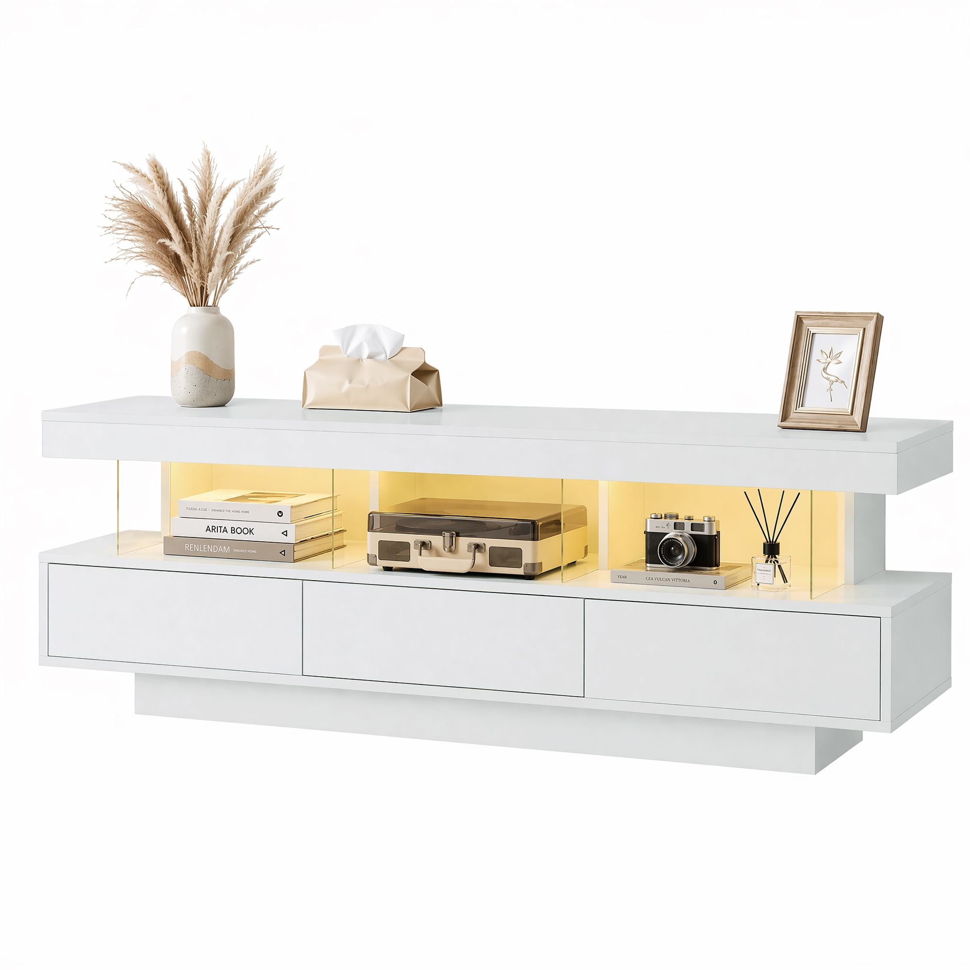 TV Unit 160cm with LED Lighting and Storage Drawers - White