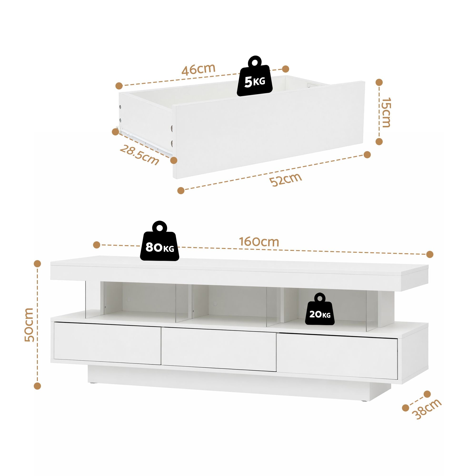 TV Unit 160cm with LED Lighting and Storage Drawers - White
