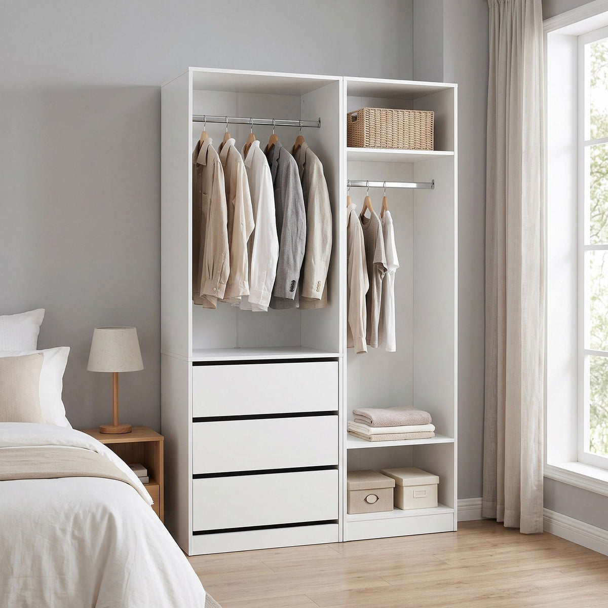 2-Piece Wardrobe Closet with Drawers, Shelves & Hanging Rails - White