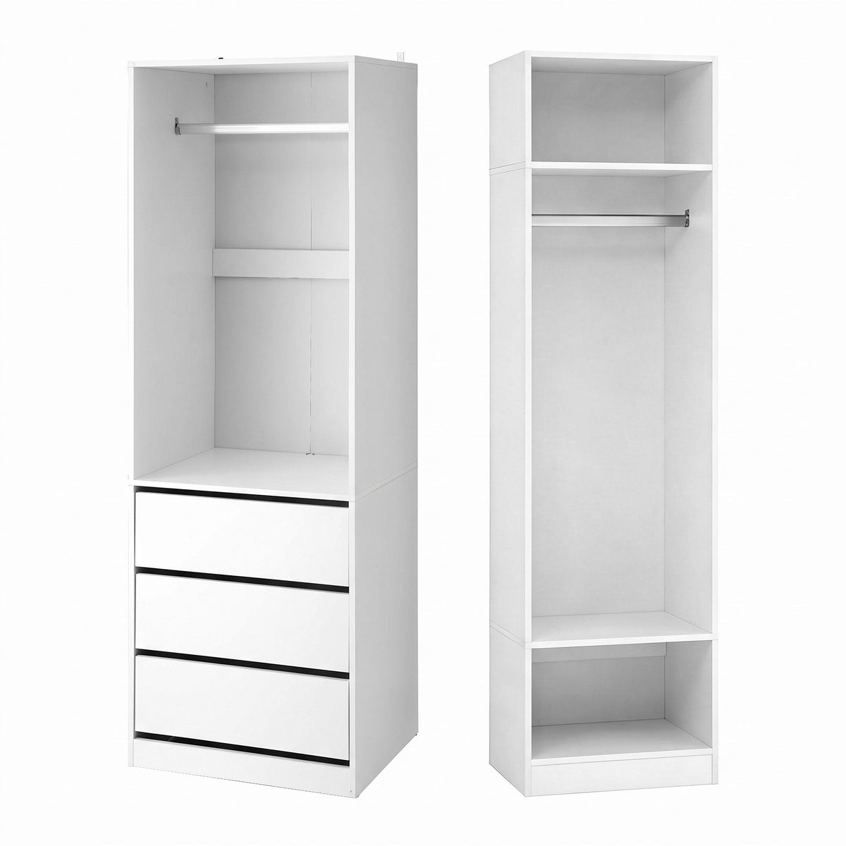 2-Piece Wardrobe Closet with Drawers, Shelves & Hanging Rails - White