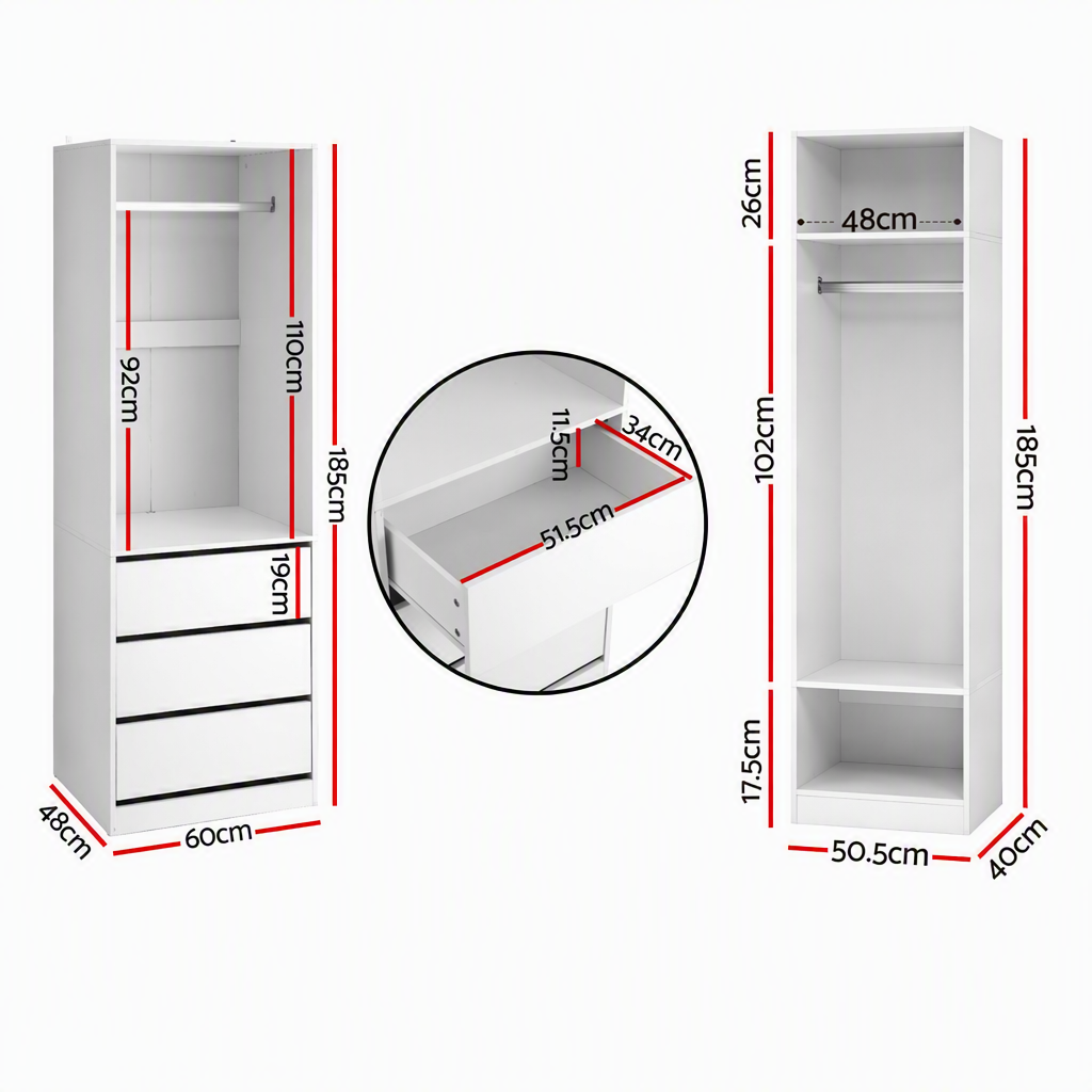 2-Piece Wardrobe Closet with Drawers, Shelves & Hanging Rails - White