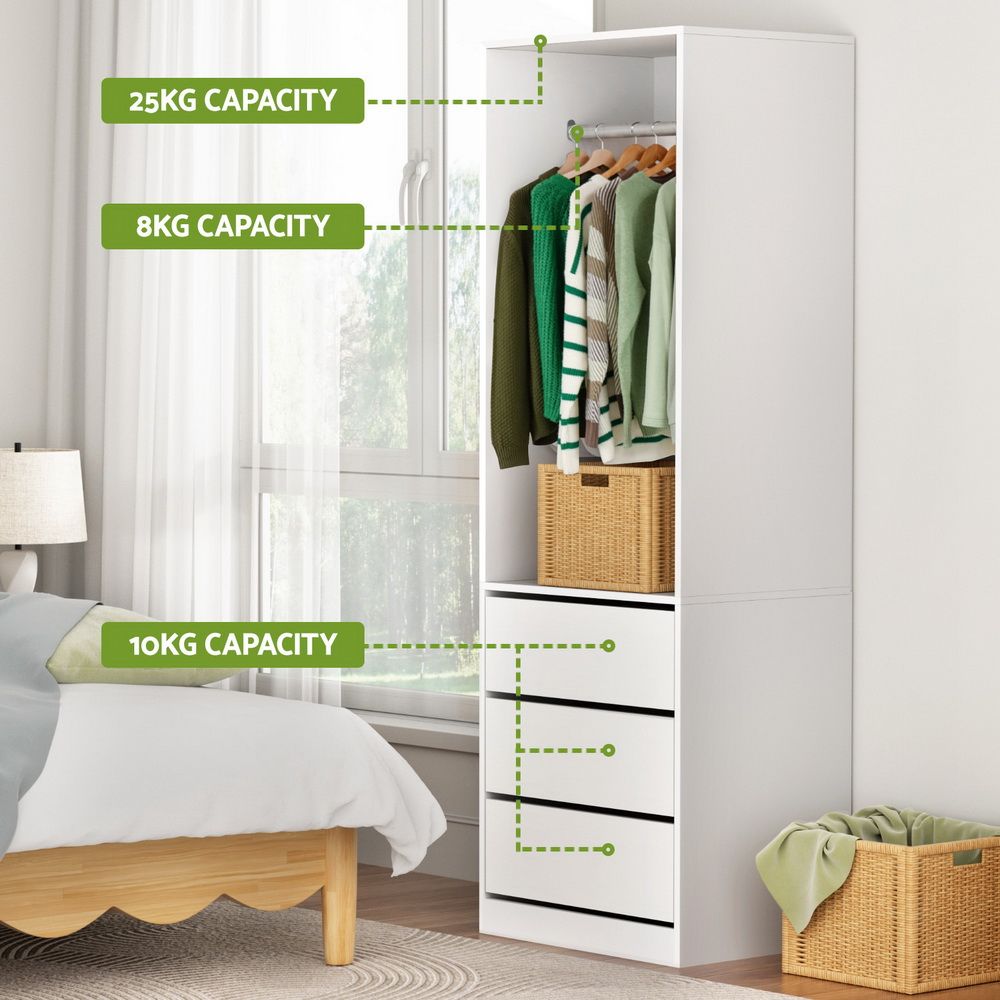 2-Piece Wardrobe Closet with Drawers, Shelves & Hanging Rails - White