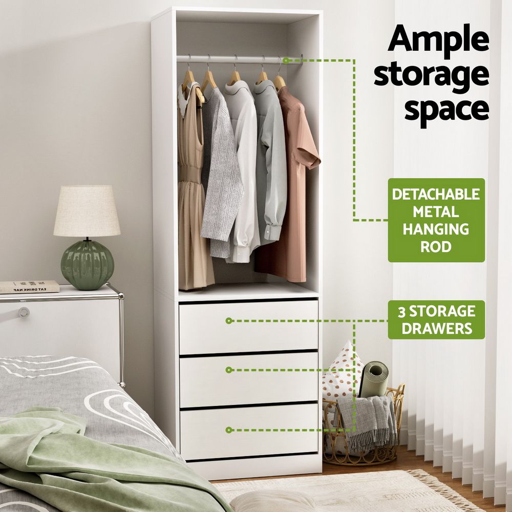 2-Piece Wardrobe Closet with Drawers, Shelves & Hanging Rails - White