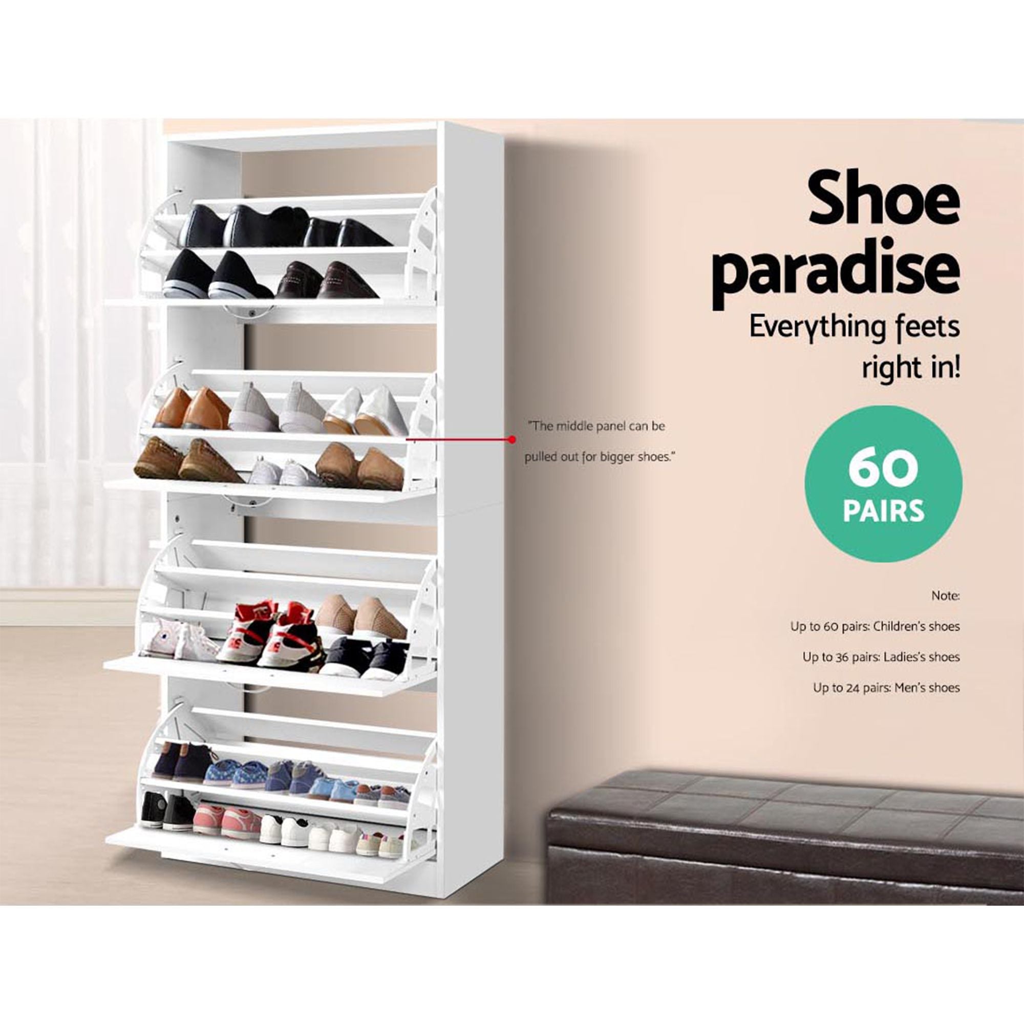 2x Shoe Cabinet Storage Organiser 4 Flip Drawer White