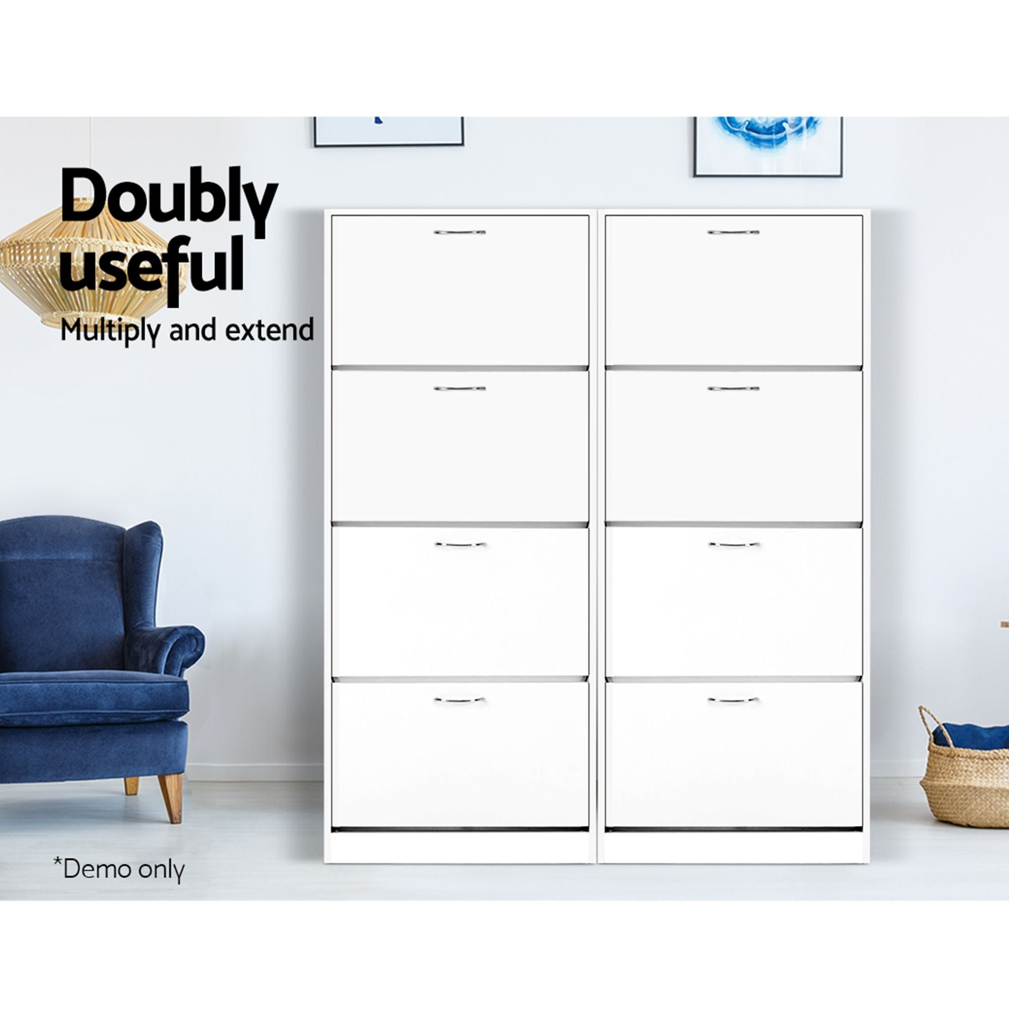2x Shoe Cabinet Storage Organiser 4 Flip Drawer White