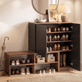 2-in-1 Shoe Cabinet Bench with Adjustable Shelf for Hallway - Walnut & Black