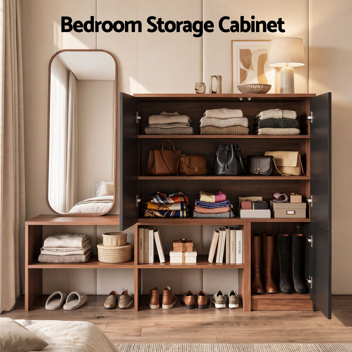 2-in-1 Shoe Cabinet Bench with Adjustable Shelf for Hallway - Walnut & Black