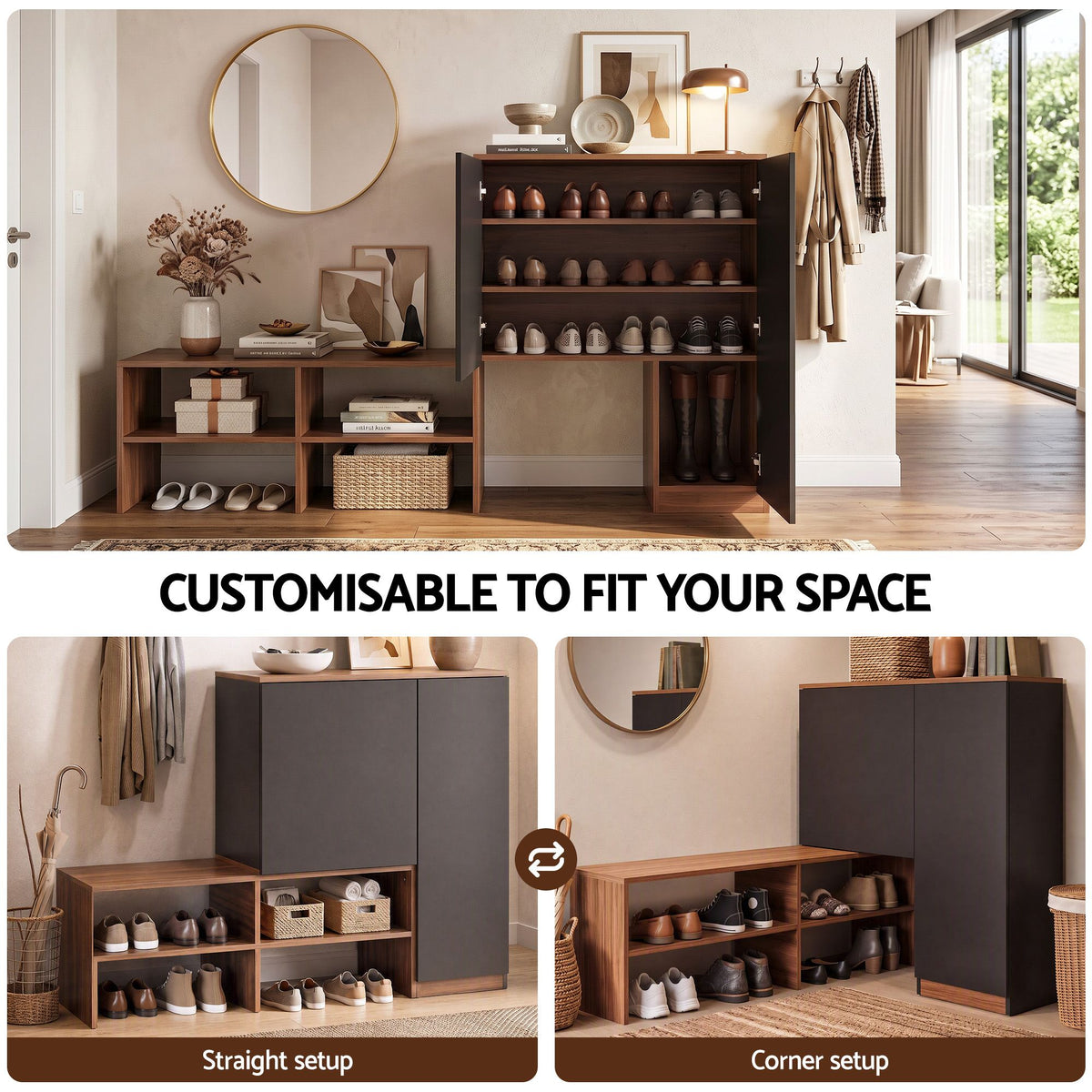 2-in-1 Shoe Cabinet Bench with Adjustable Shelf for Hallway - Walnut & Black