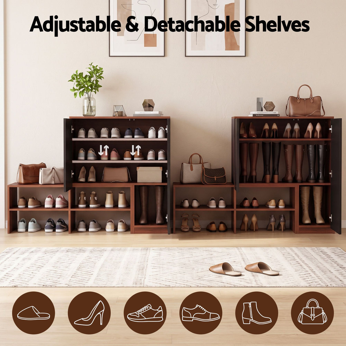 2-in-1 Shoe Cabinet Bench with Adjustable Shelf for Hallway - Walnut & Black