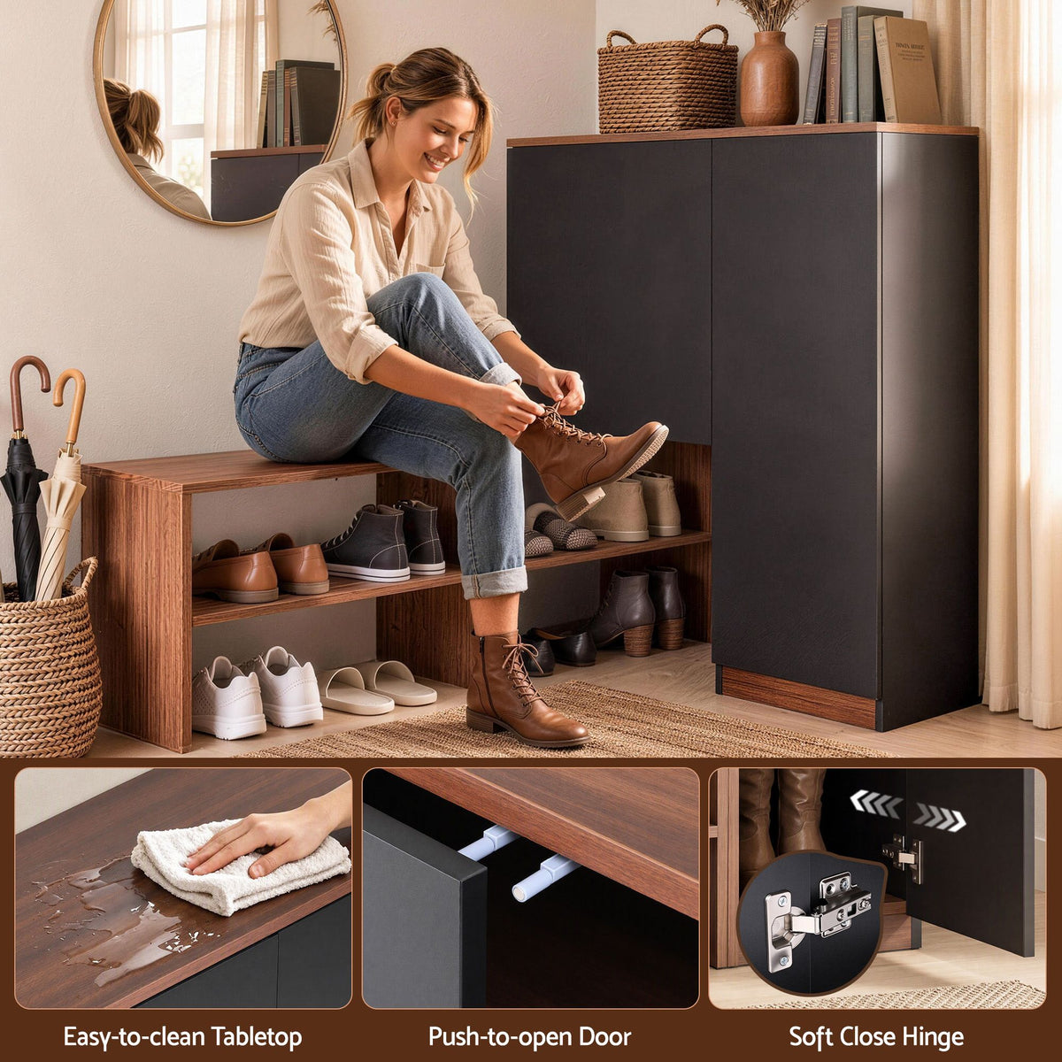 2-in-1 Shoe Cabinet Bench with Adjustable Shelf for Hallway - Walnut & Black