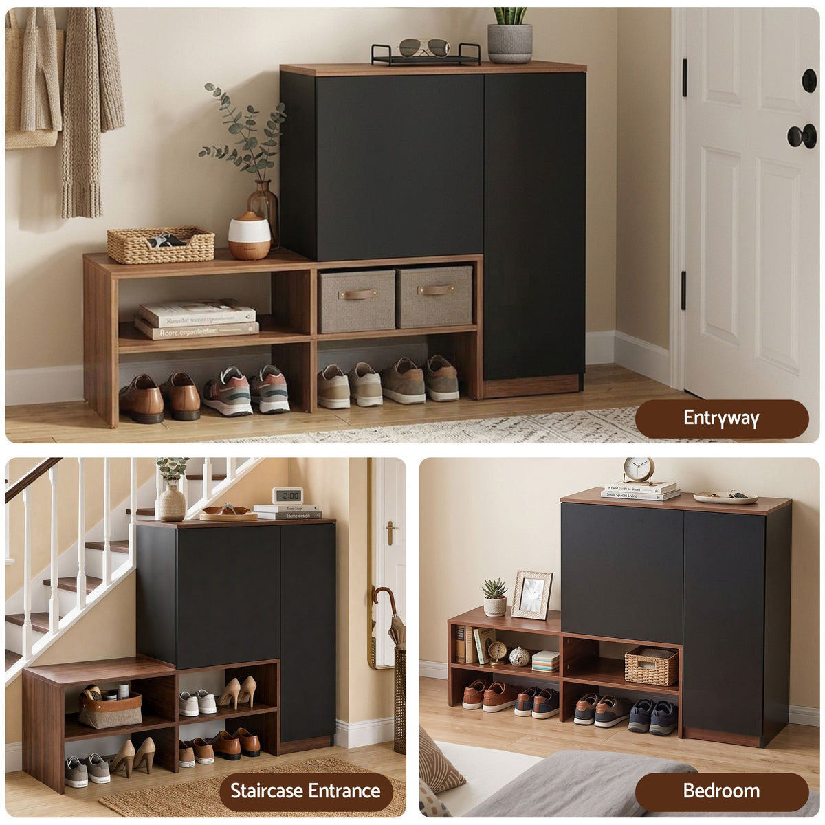 2-in-1 Shoe Cabinet Bench with Adjustable Shelf for Hallway - Walnut & Black