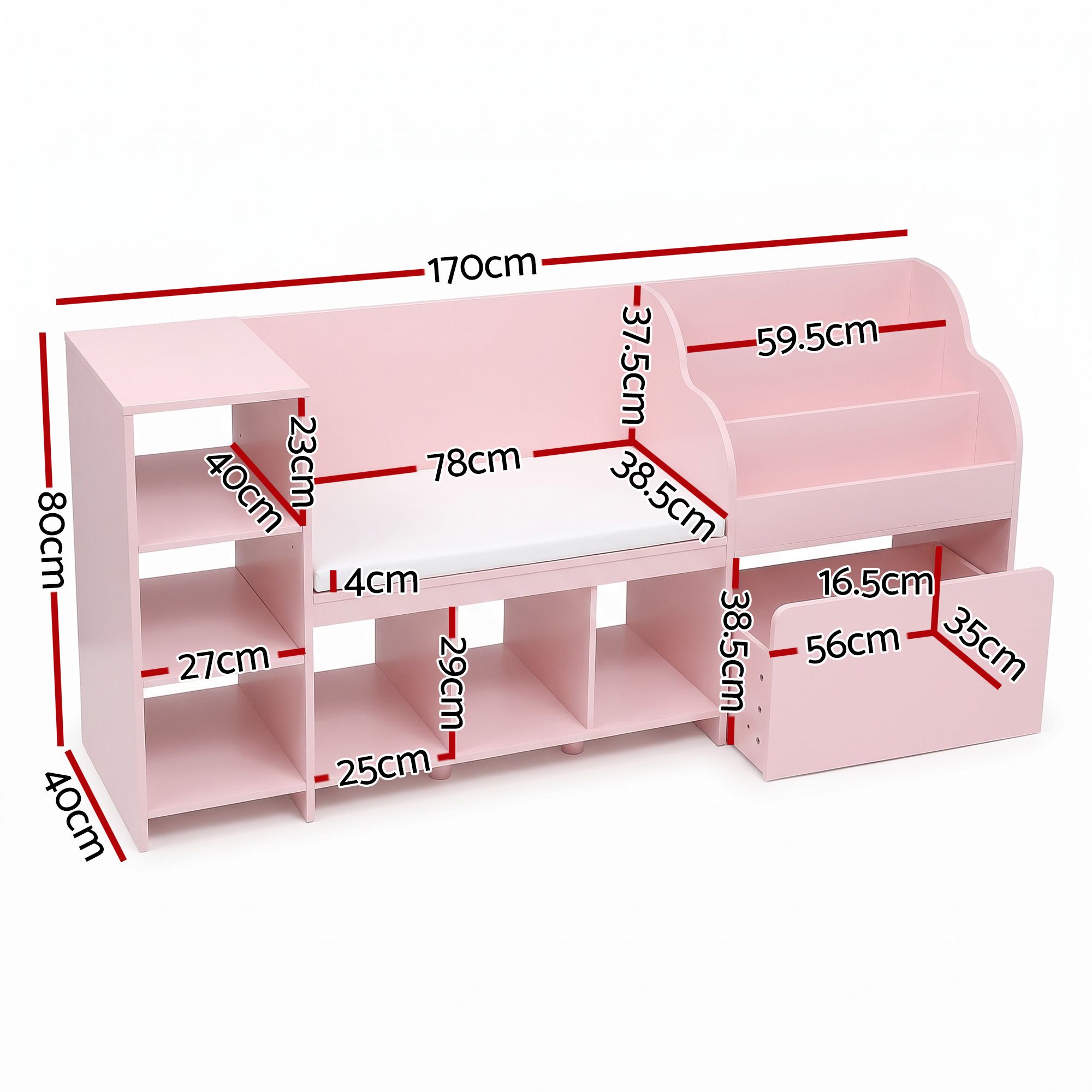 Kids Storage Unit Bookshelf Toy Box Organiser Bench Seat Cabinet 170cm Pink