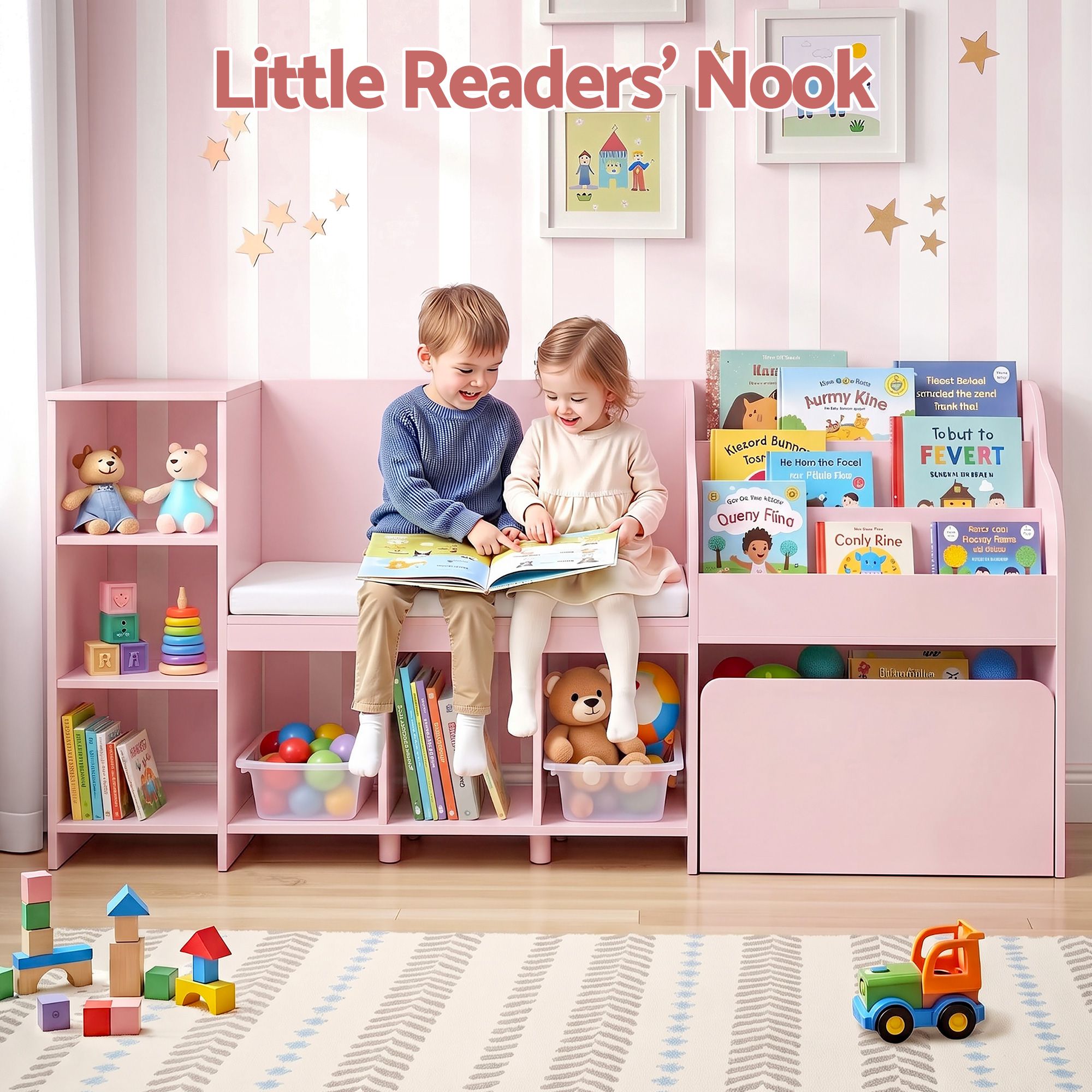 Kids Storage Unit Bookshelf Toy Box Organiser Bench Seat Cabinet 170cm Pink