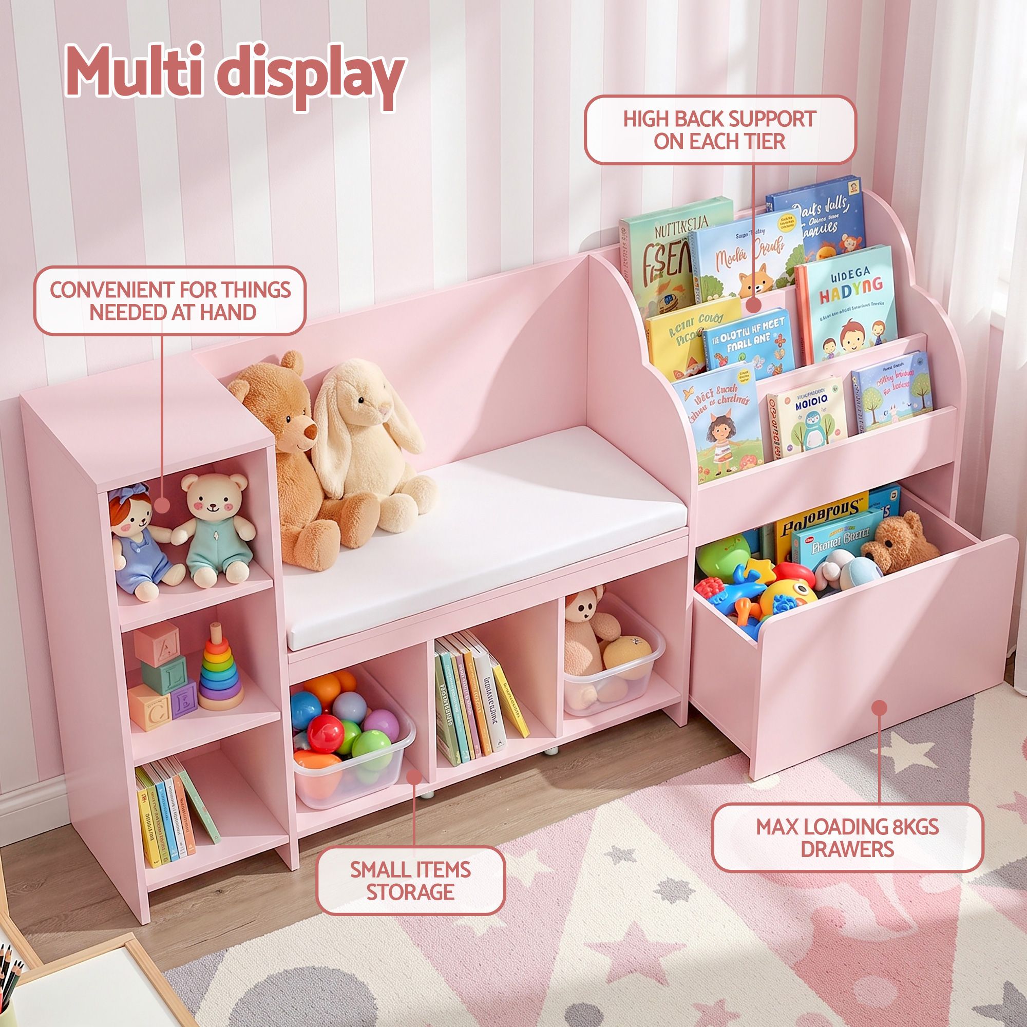 Kids Storage Unit Bookshelf Toy Box Organiser Bench Seat Cabinet 170cm Pink